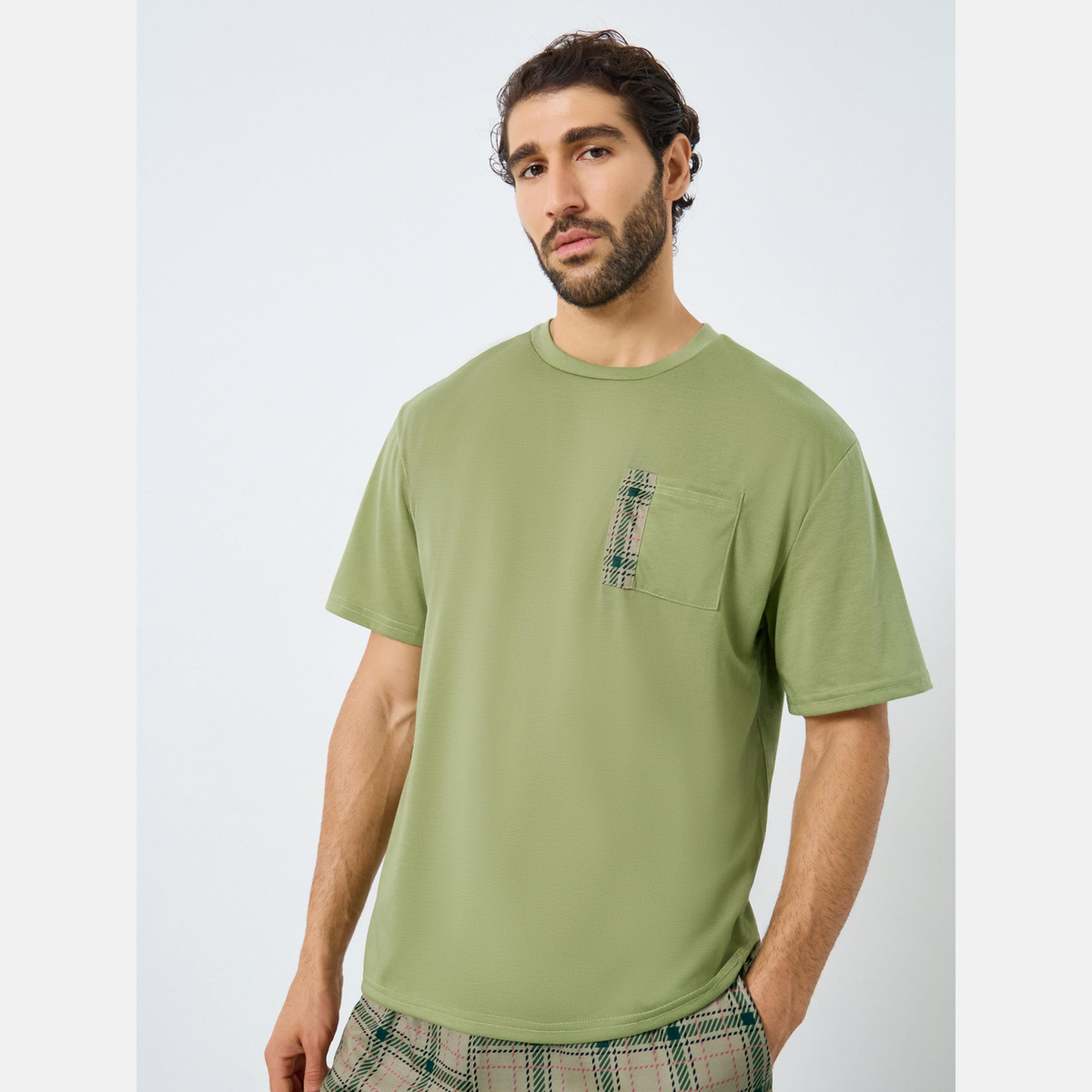 Styli Men Relaxed Fit Pocket T-Shirt and Checked Shorts Set-men-clothing-nightwear-sets-image-2