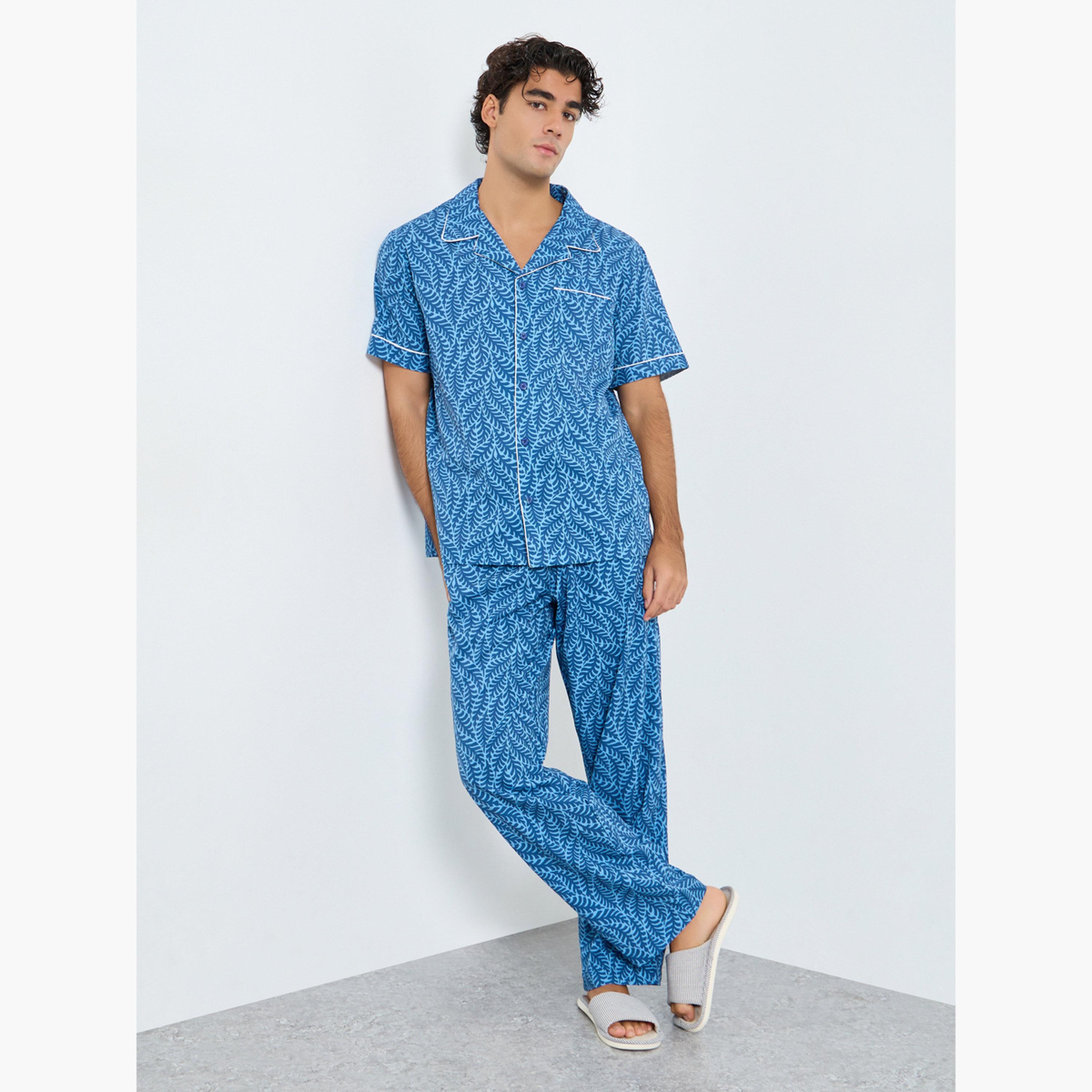 Styli Men Leaf Print Relaxed Fit Shirt and Pyjama Set-men-clothing-nightwear-sets-image-1