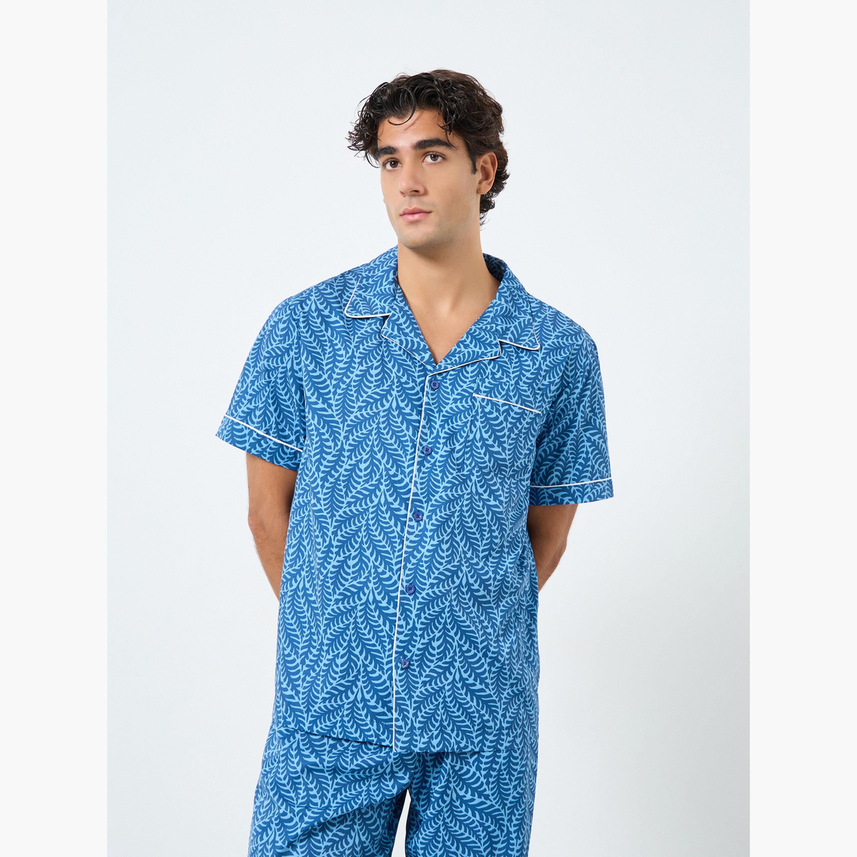 Styli Men Leaf Print Relaxed Fit Shirt and Pyjama Set-men-clothing-nightwear-sets-image-2