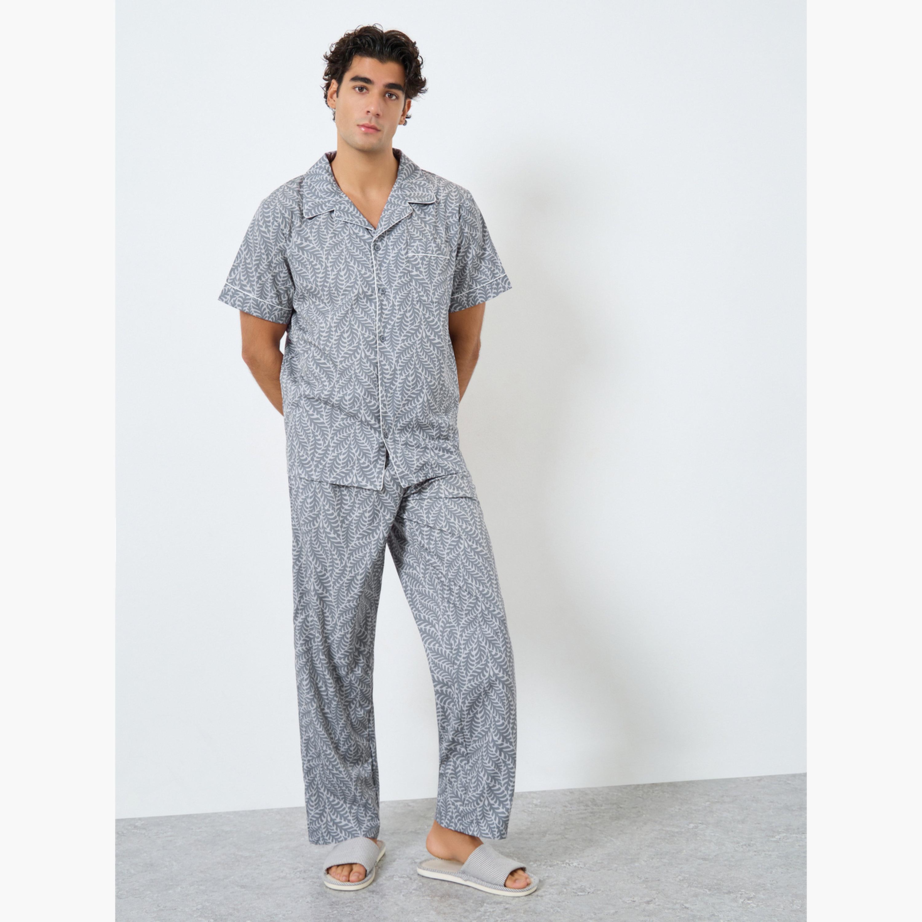 Styli Men Leaf Print Relaxed Fit Shirt and Pyjama Set-men-clothing-nightwear-sets-image-1