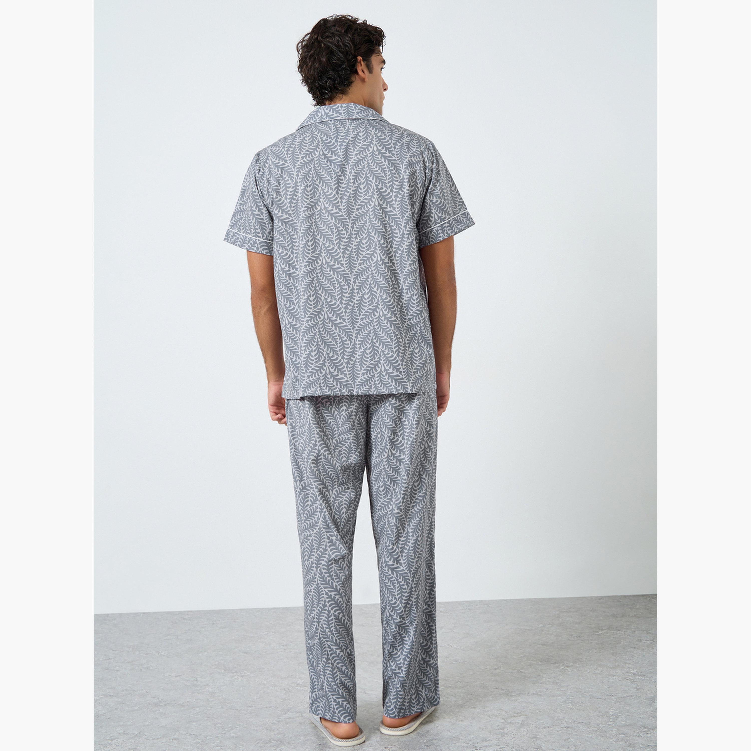 Styli Men Leaf Print Relaxed Fit Shirt and Pyjama Set-men-clothing-nightwear-sets-image-4