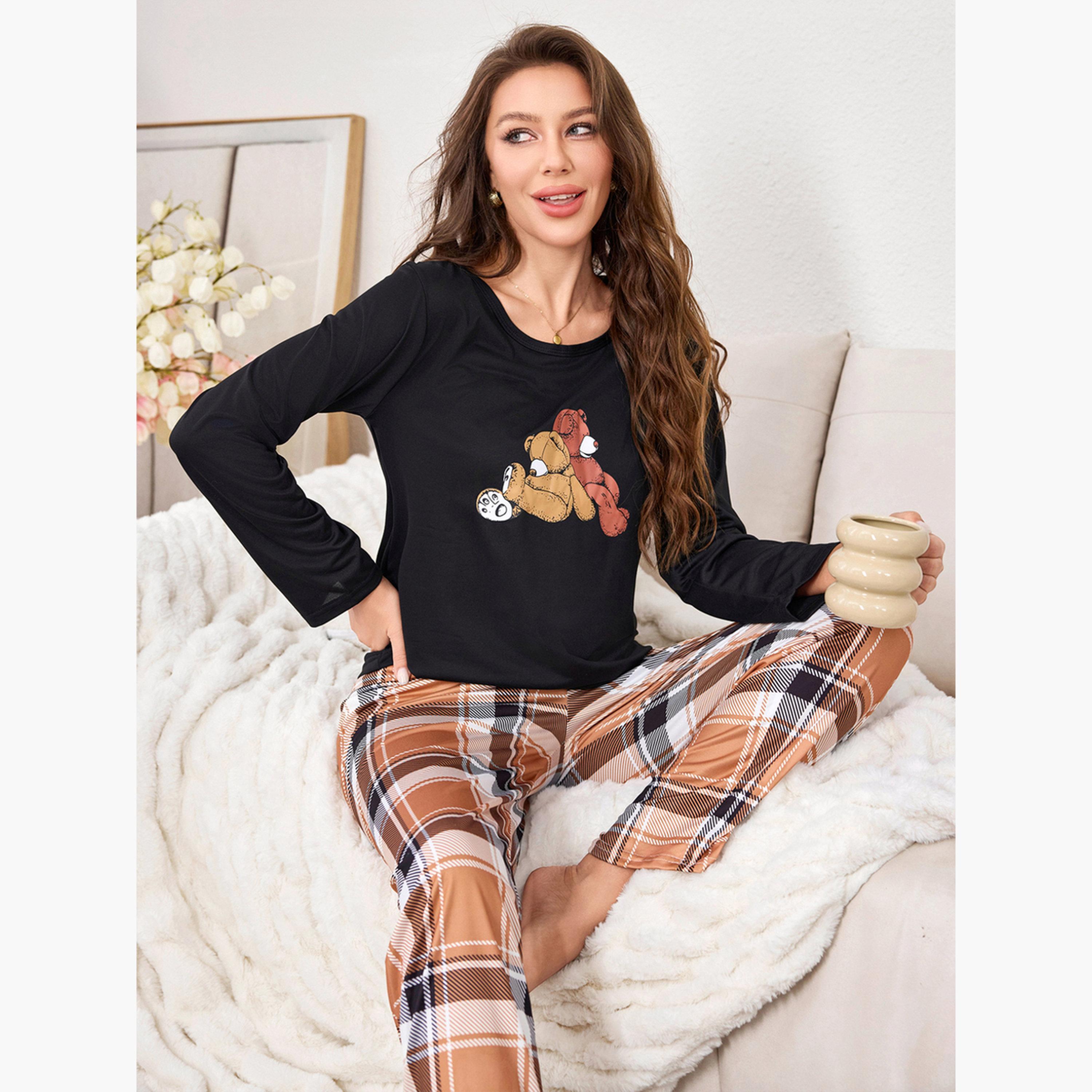 Take Two Bear Print T-Shirt and Checked Pyjama Set-women-clothing-nightwear-pyjamas-longsets-image-4