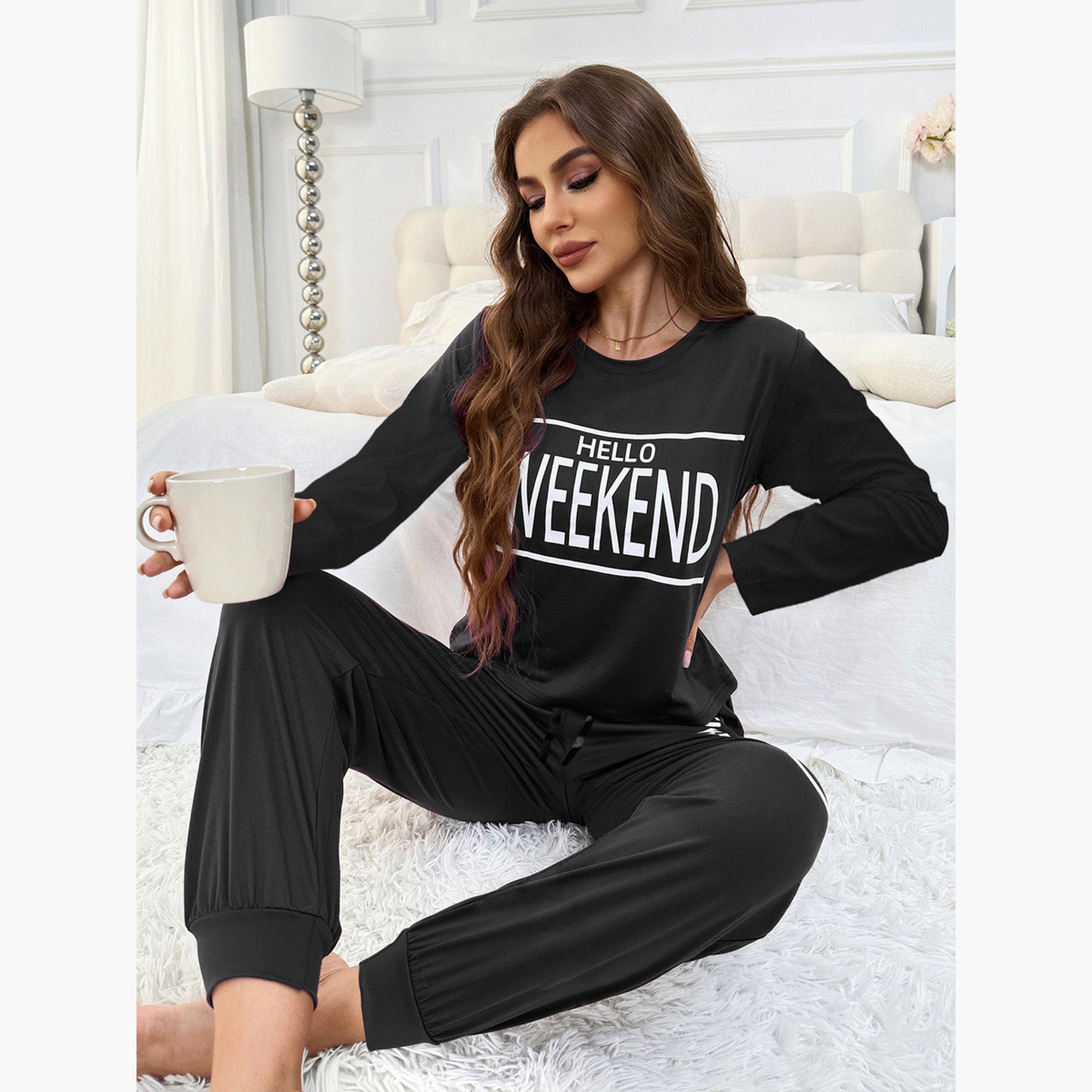 Take Two Slogan Print T-Shirt and Cuffed Pyjama Set-women-clothing-nightwear-pyjamas-longsets-image-3