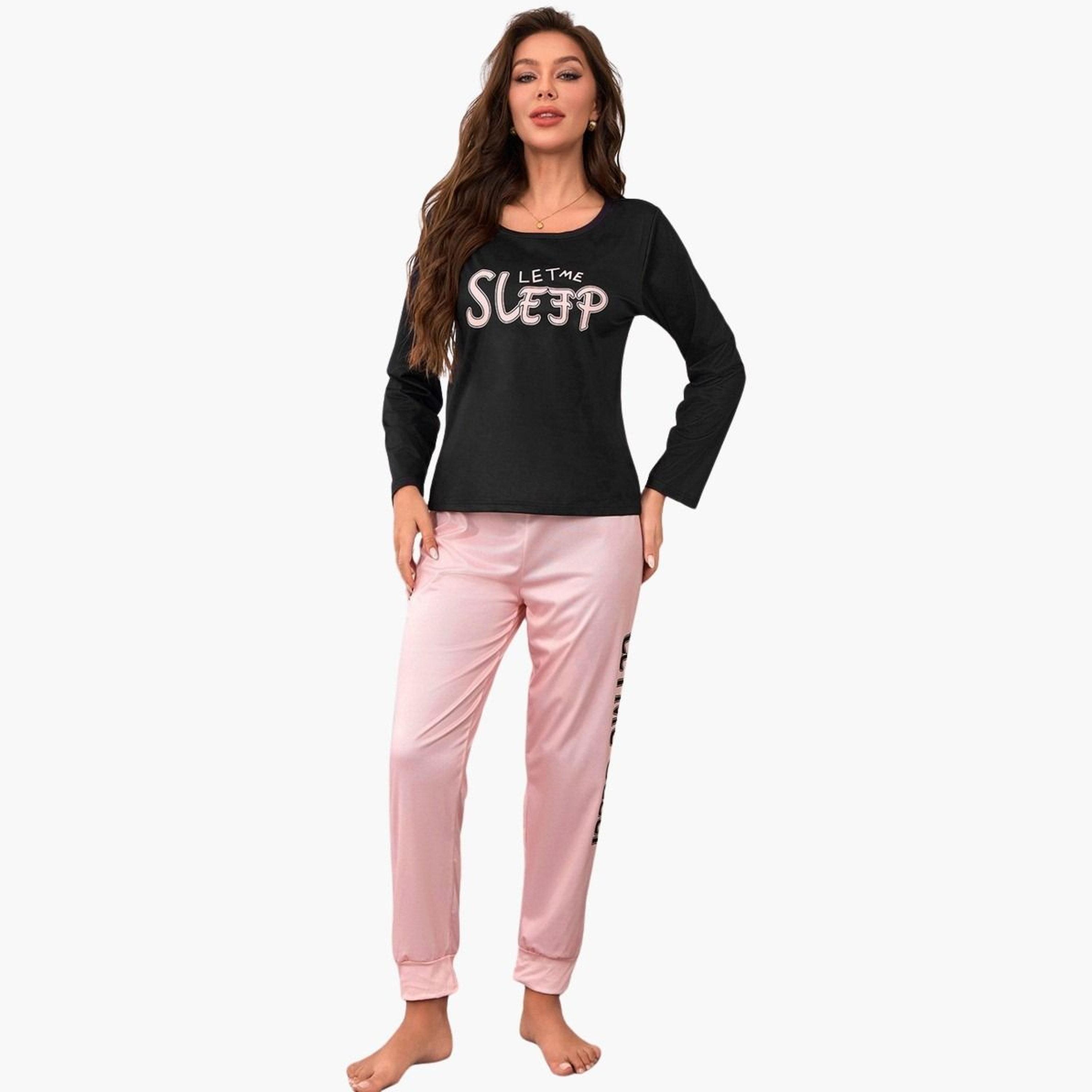 تيك تو - بيجاما تي شيرت بأكمام طويلة مطبوع عليه شعار-women-clothing-nightwear-pyjamas-longsets-image-1