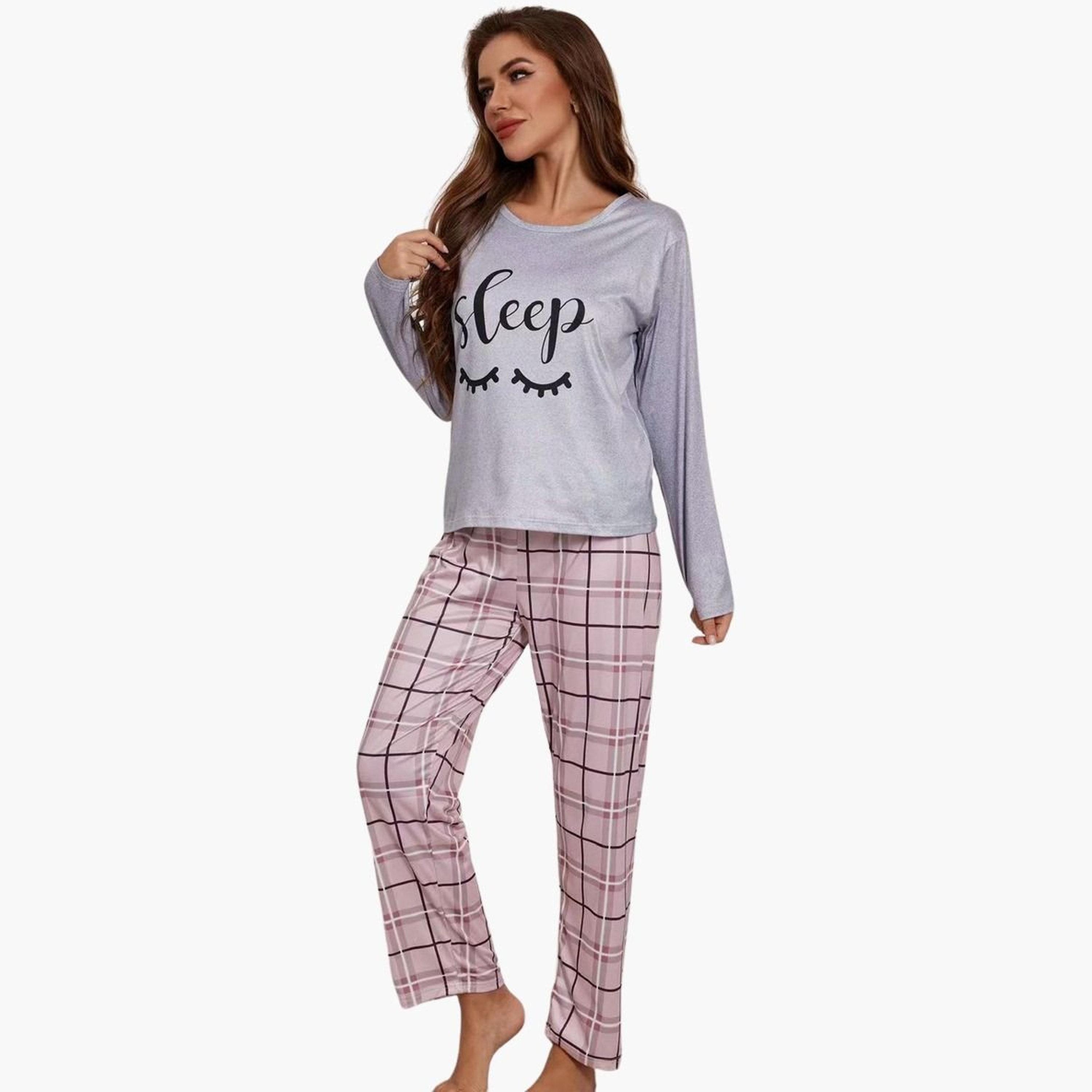 Take Two Printed Long Sleeve T-Shirt and Checked Pyjama Set-women-clothing-nightwear-pyjamas-longsets-image-1