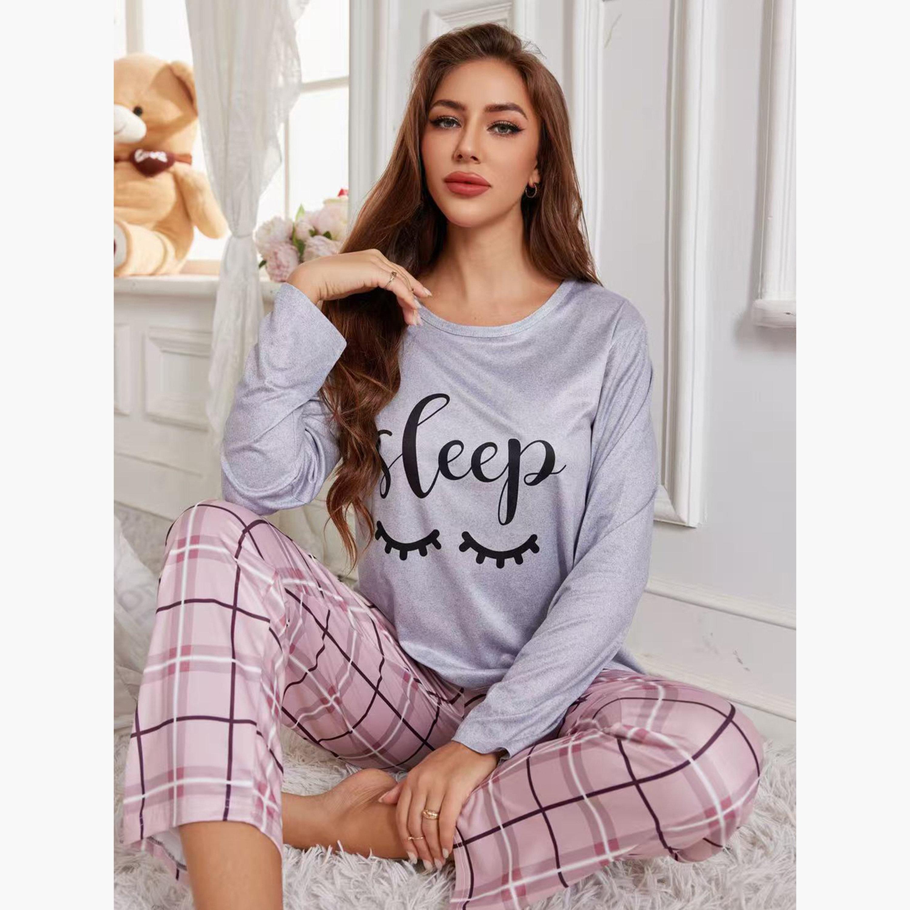 Take Two Printed Long Sleeve T-Shirt and Checked Pyjama Set-women-clothing-nightwear-pyjamas-longsets-image-2