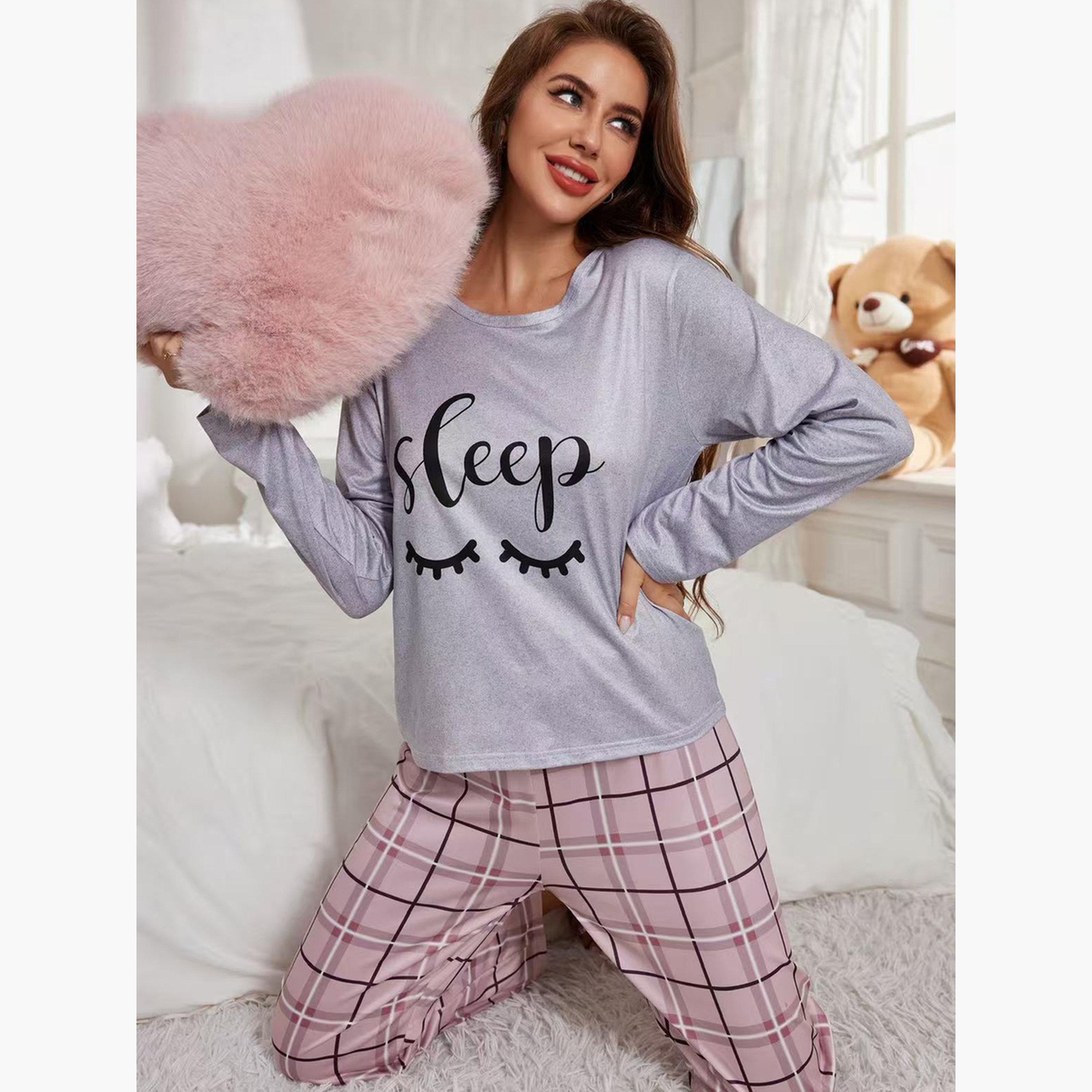 تيك تو - طقم تي شيرت مطبوع بأكمام طويلة وبيجاما منقوشة-women-clothing-nightwear-pyjamas-longsets-image-3
