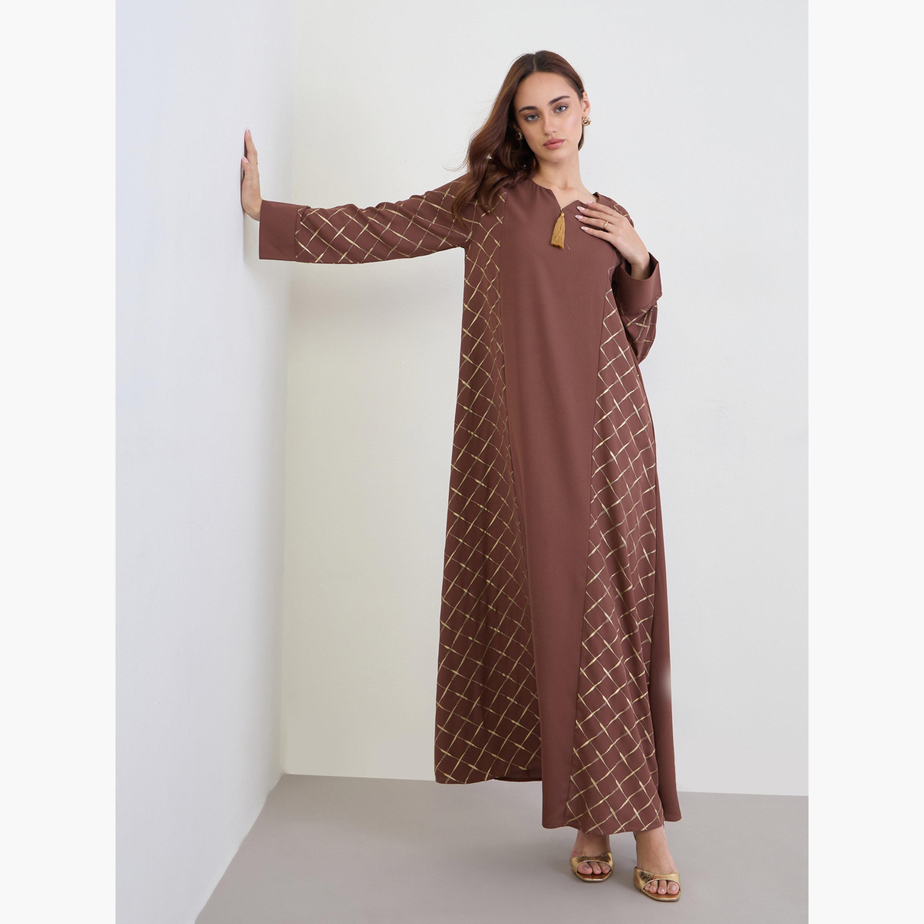 Styli Brown Maxi Jalabiya with Gold Foil Print-women-arabicclothing-jalabiyas-image-1