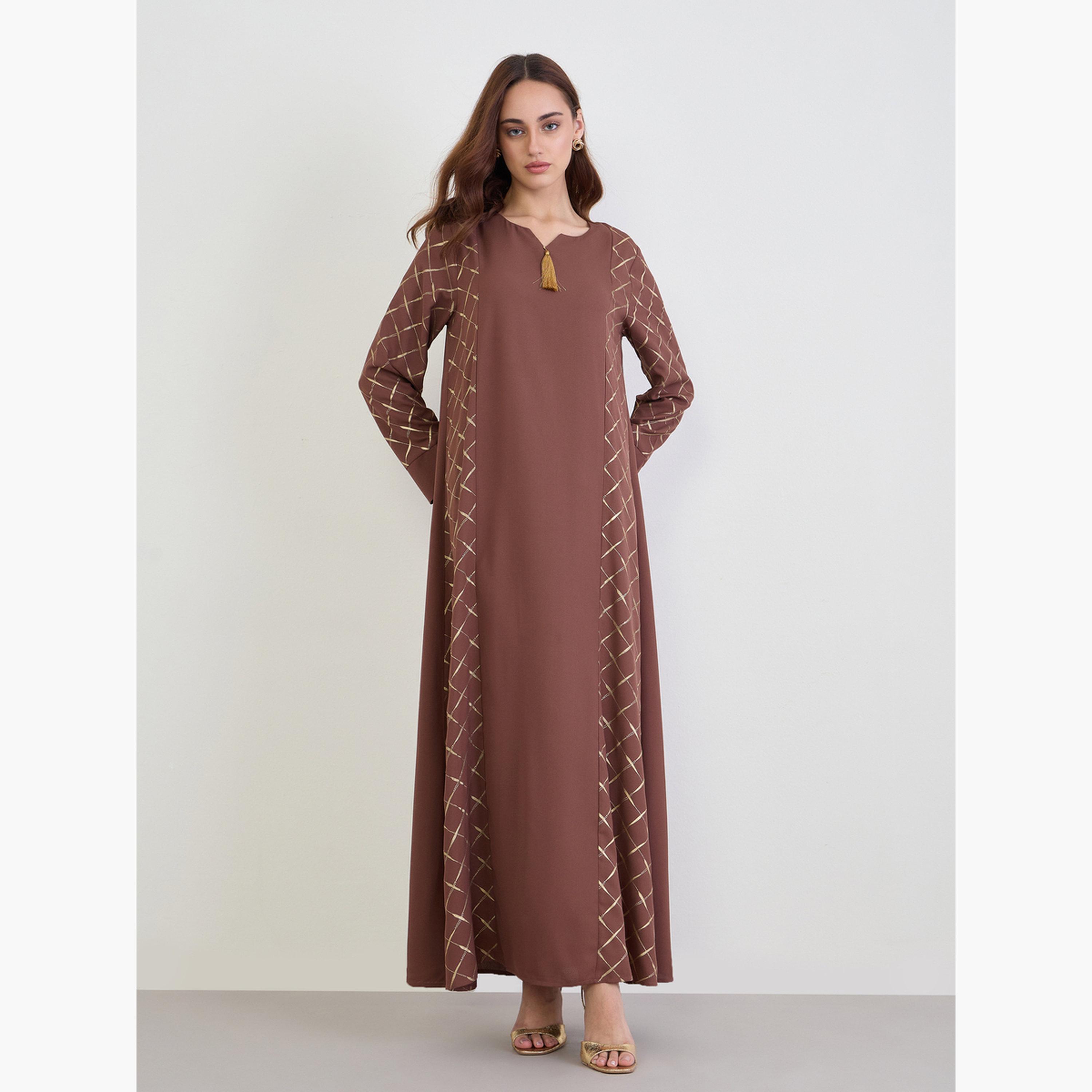 Styli Brown Maxi Jalabiya with Gold Foil Print-women-arabicclothing-jalabiyas-image-2
