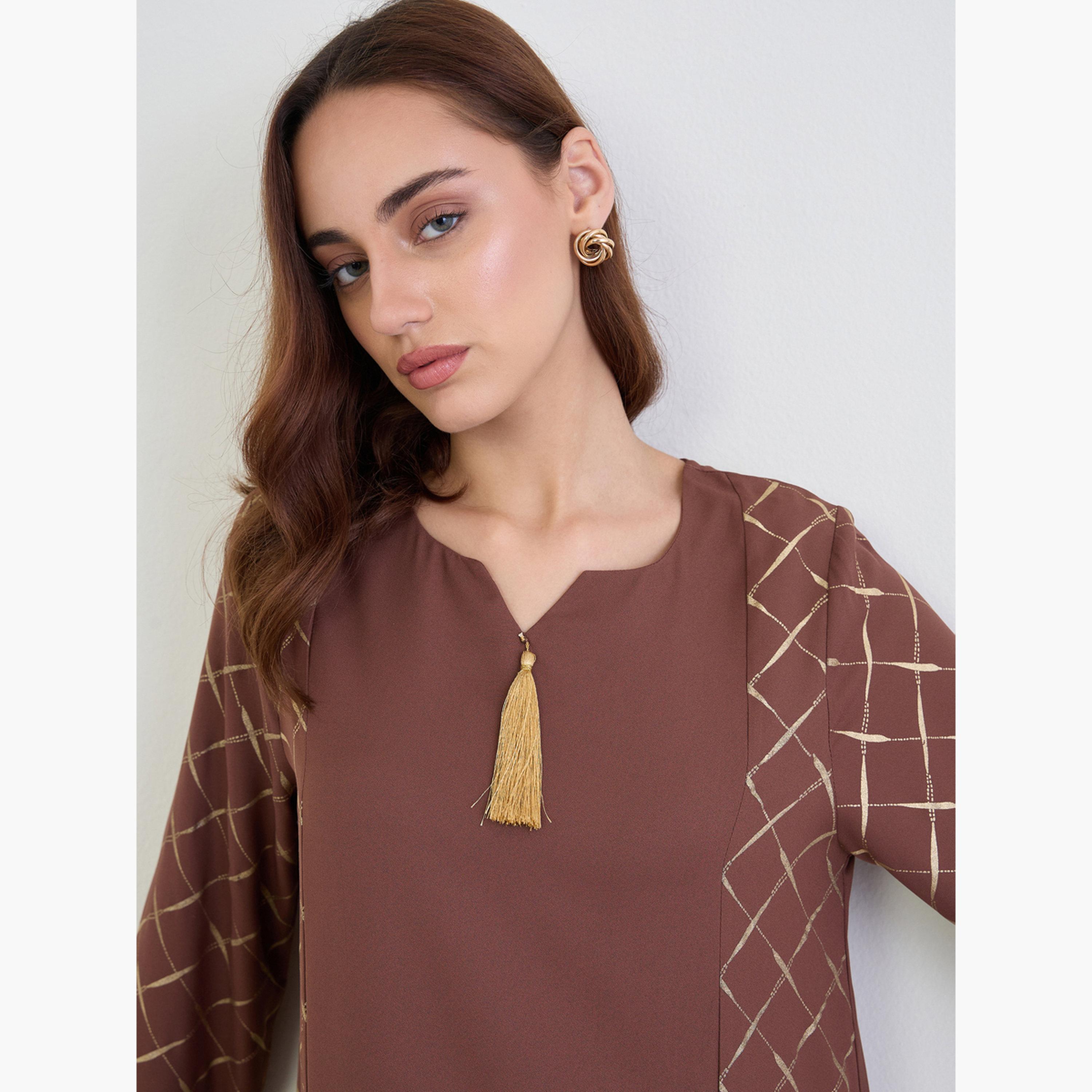 Styli Brown Maxi Jalabiya with Gold Foil Print-women-arabicclothing-jalabiyas-image-3