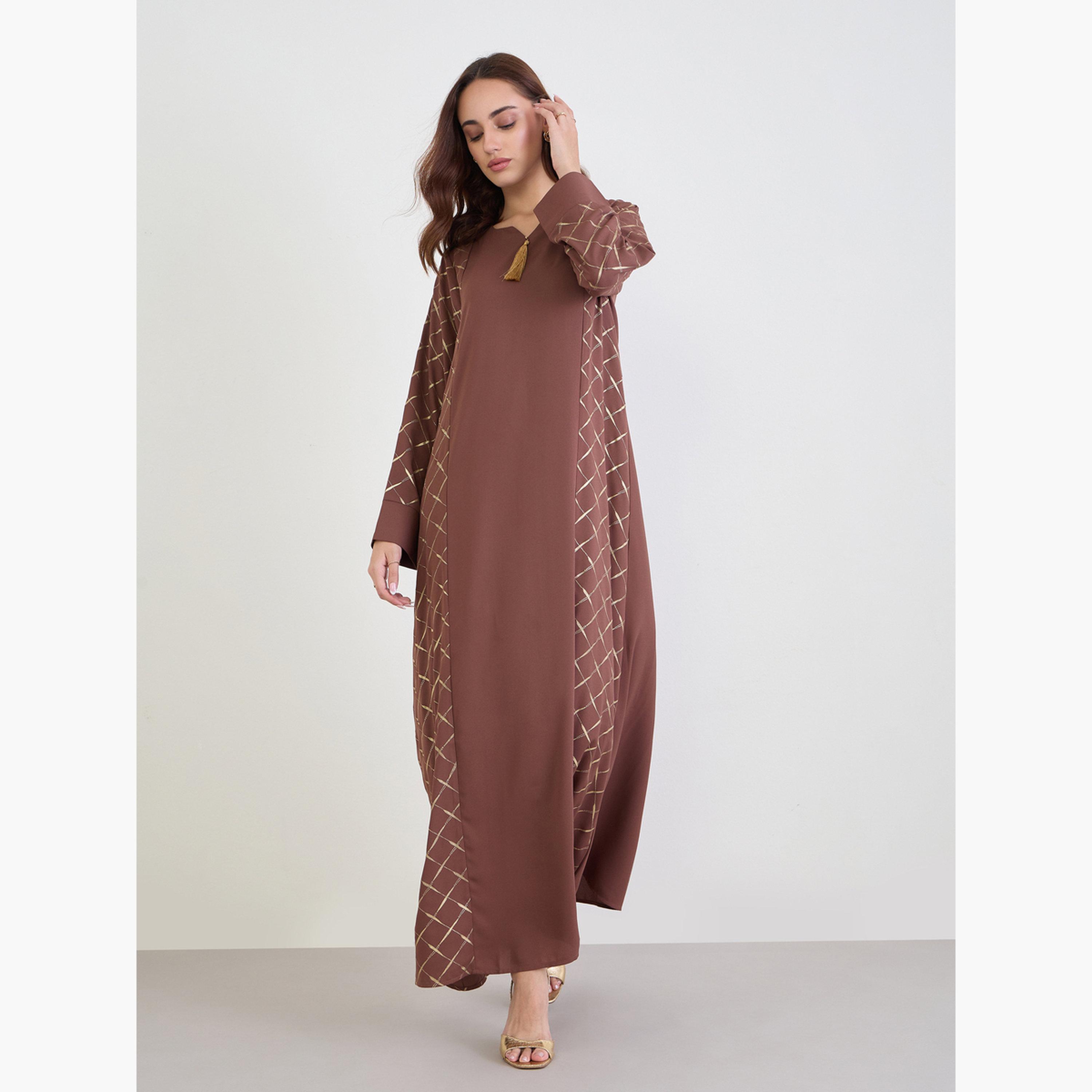 Styli Brown Maxi Jalabiya with Gold Foil Print-women-arabicclothing-jalabiyas-image-4