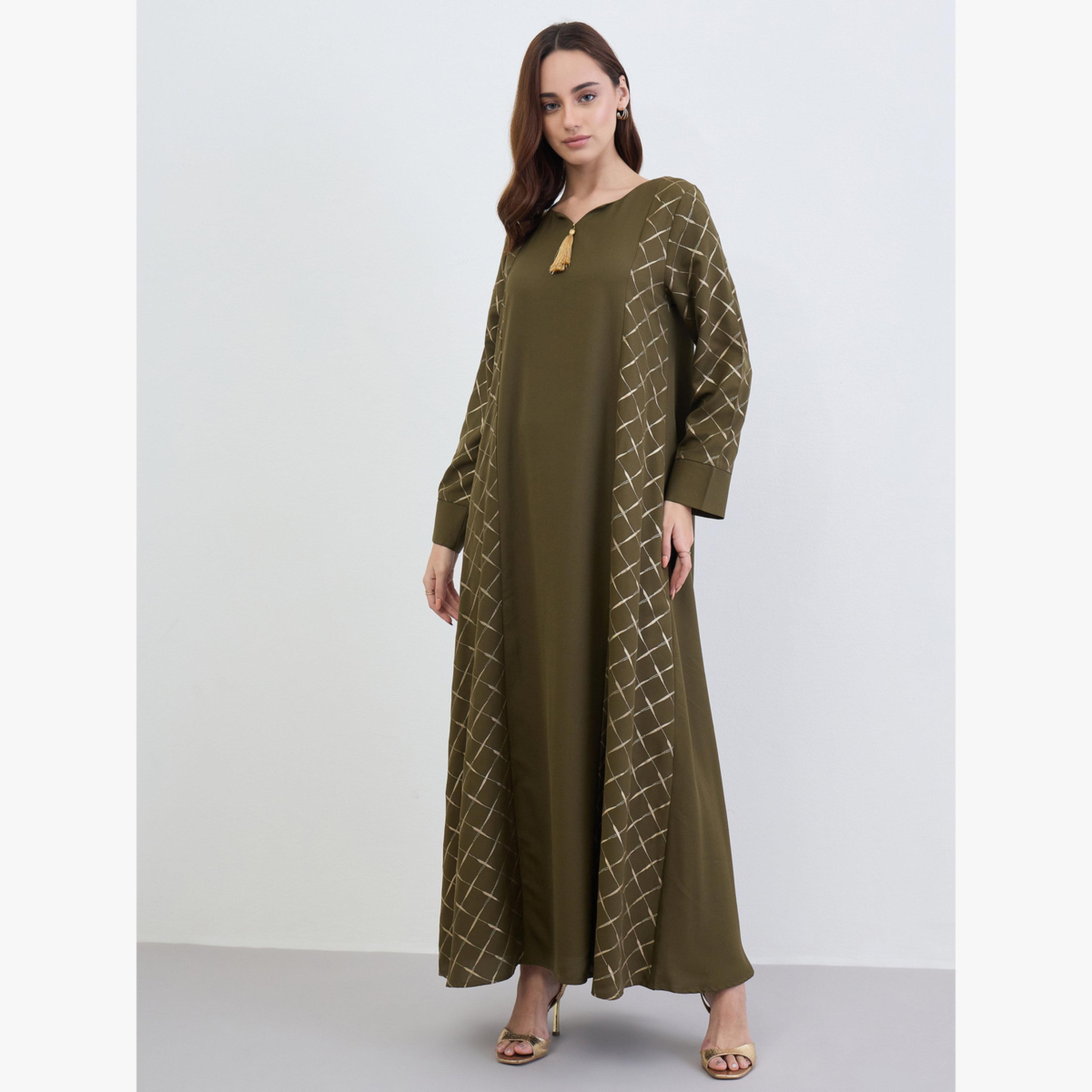 Amirah X Styli Green A-Line Jalabiya with Gold Lattice Print-women-arabicclothing-jalabiyas-image-1