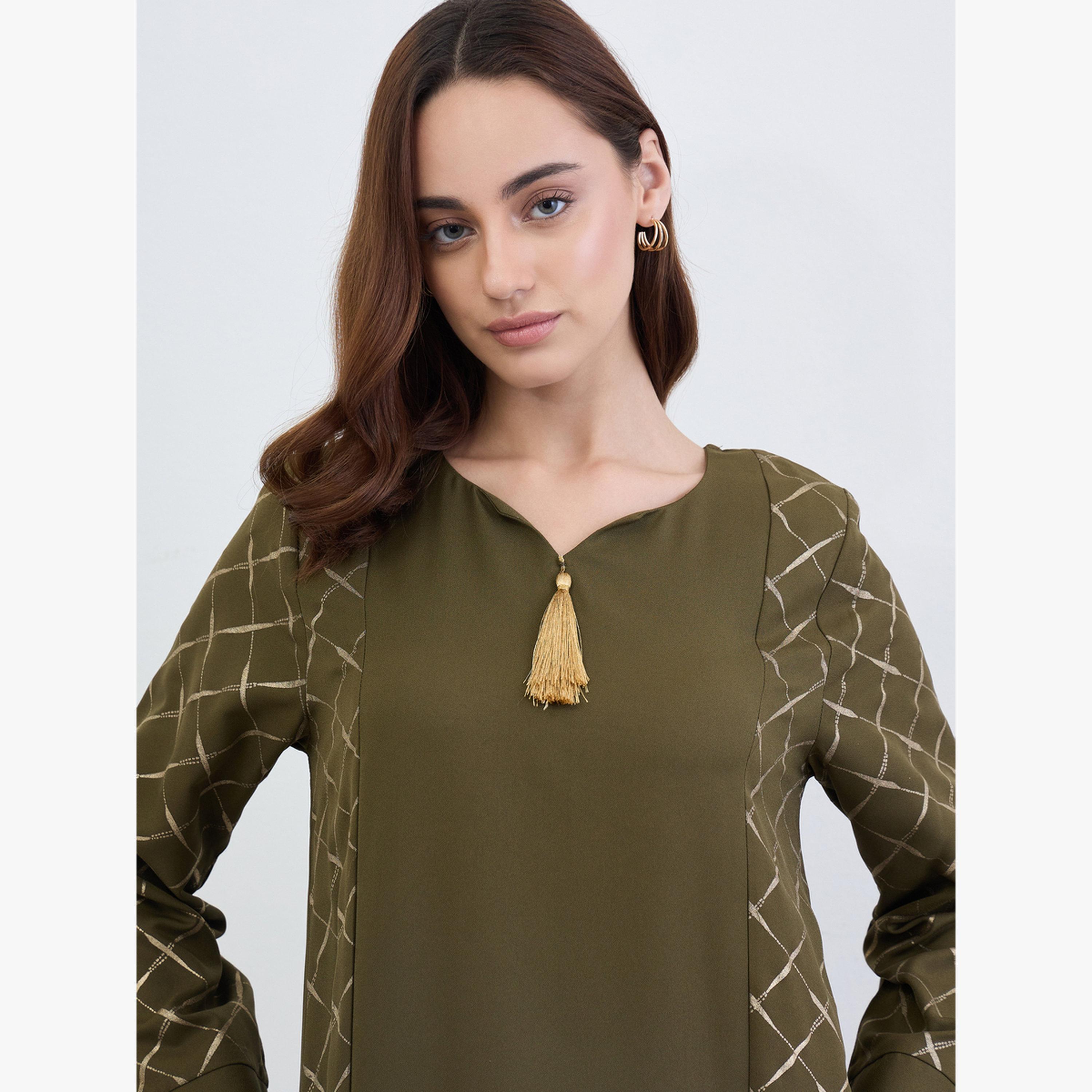 Amirah X Styli Green A-Line Jalabiya with Gold Lattice Print-women-arabicclothing-jalabiyas-image-4