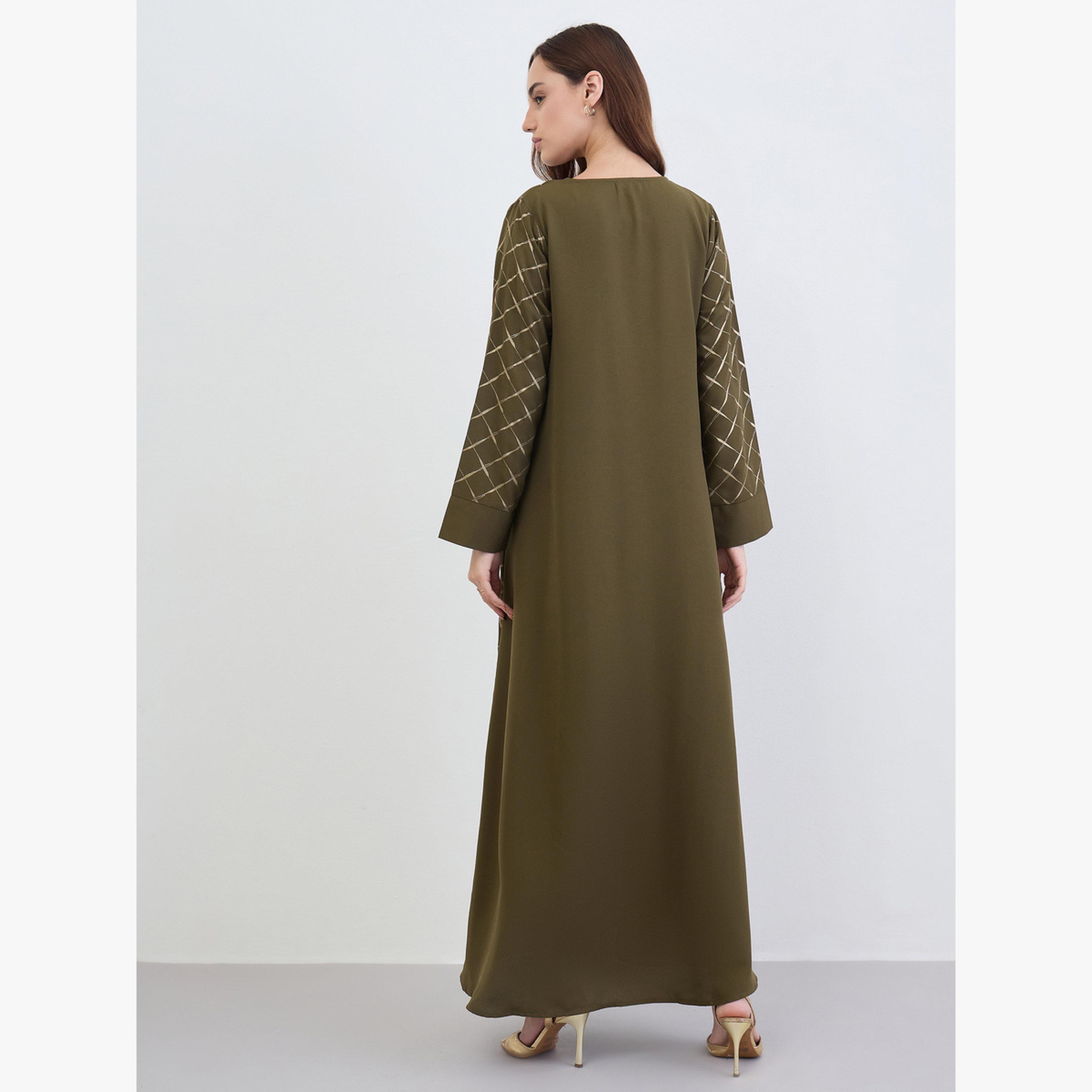 Amirah X Styli Green A-Line Jalabiya with Gold Lattice Print-women-arabicclothing-jalabiyas-image-5
