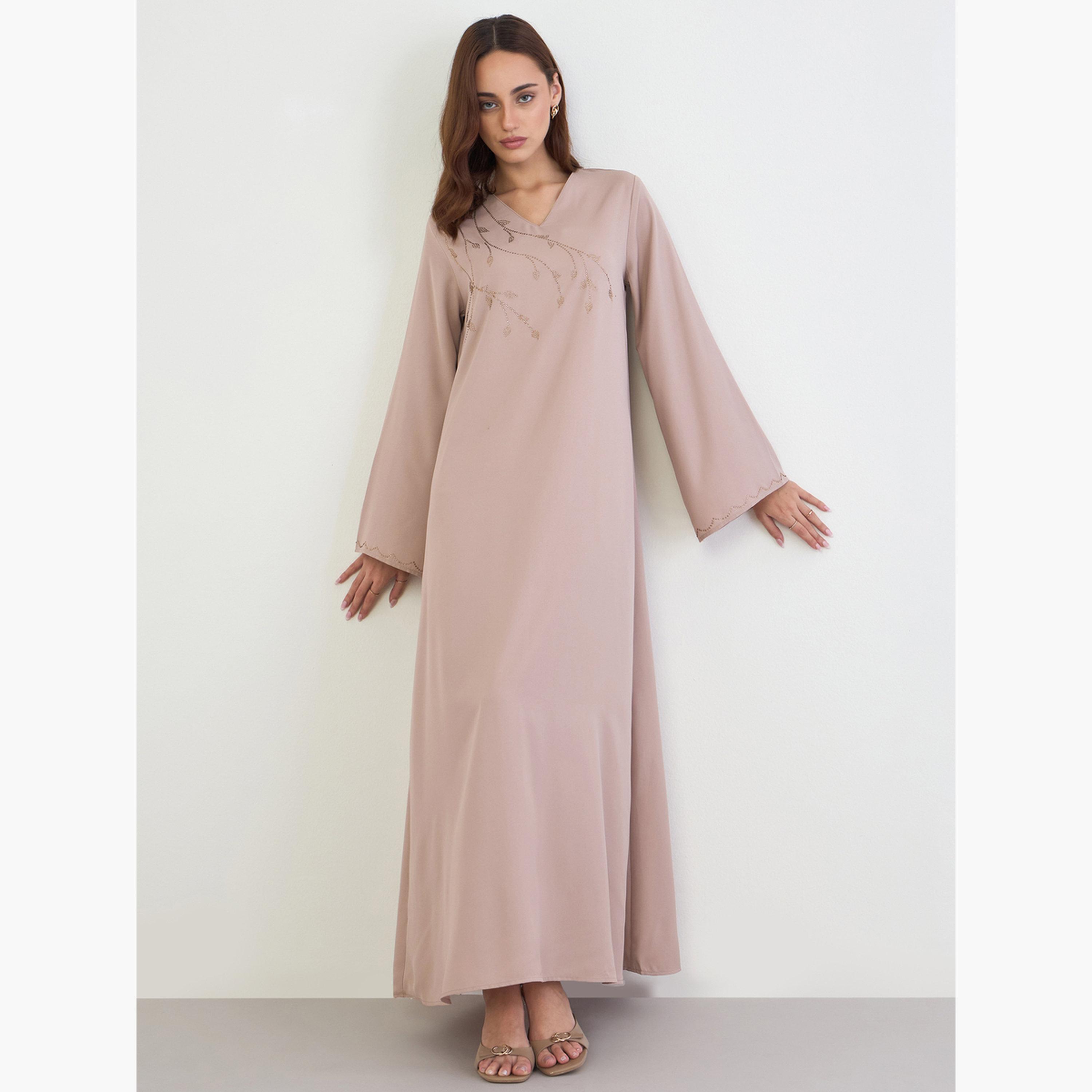 Amirah X Styli Beige Jalabiya with Rhinestone Embroidery-women-arabicclothing-jalabiyas-image-1