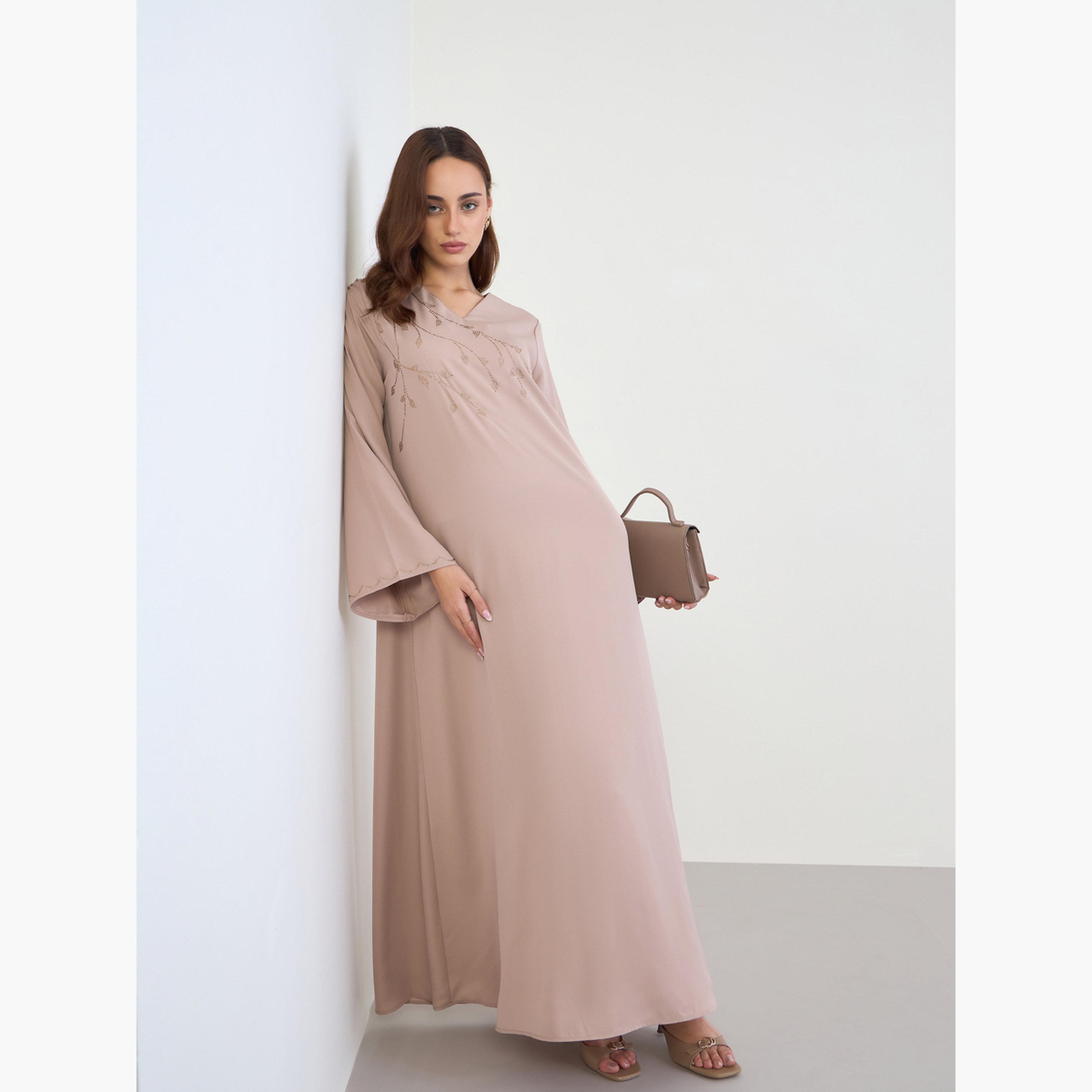 Amirah X Styli Beige Jalabiya with Rhinestone Embroidery-women-arabicclothing-jalabiyas-image-2