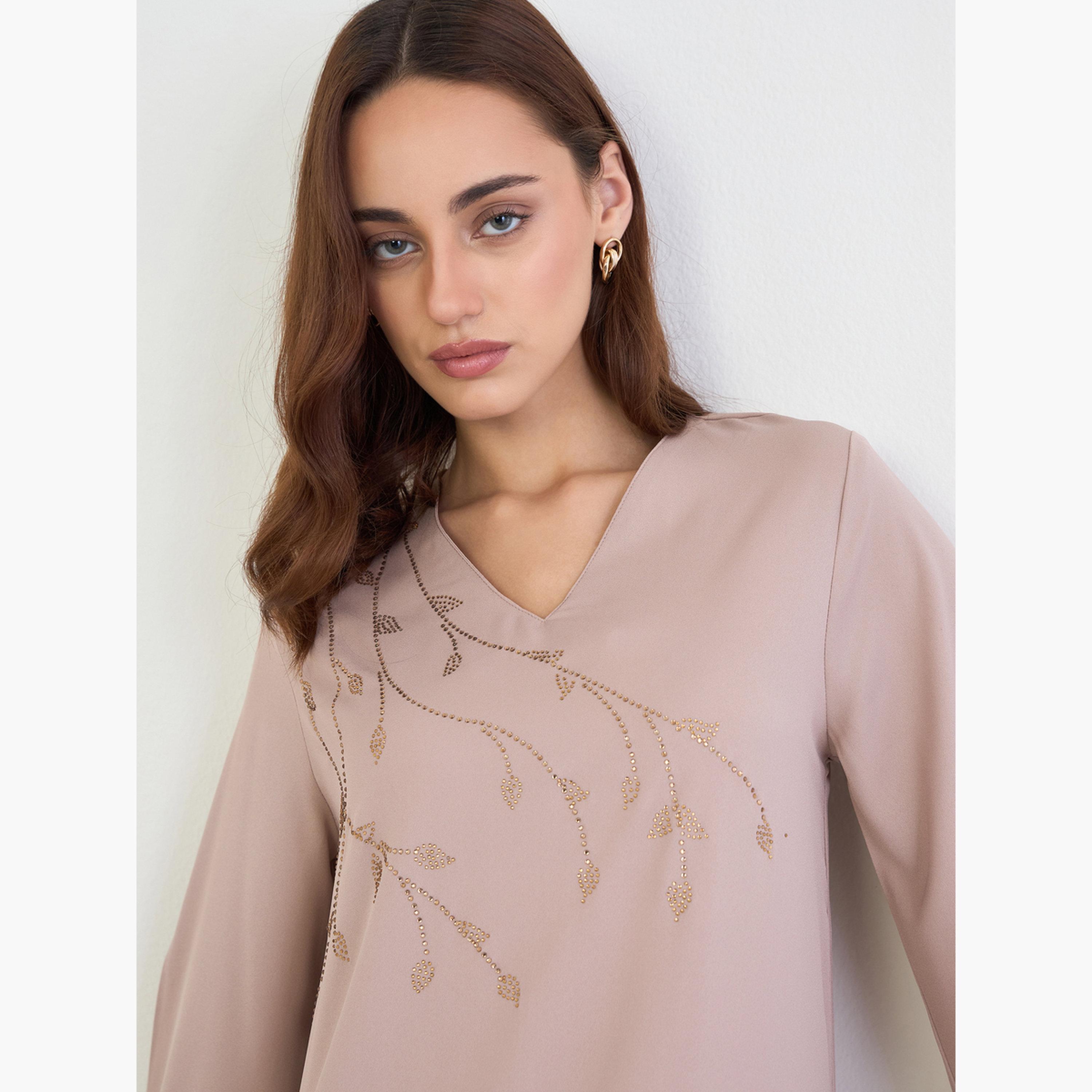 Amirah X Styli Beige Jalabiya with Rhinestone Embroidery-women-arabicclothing-jalabiyas-image-3