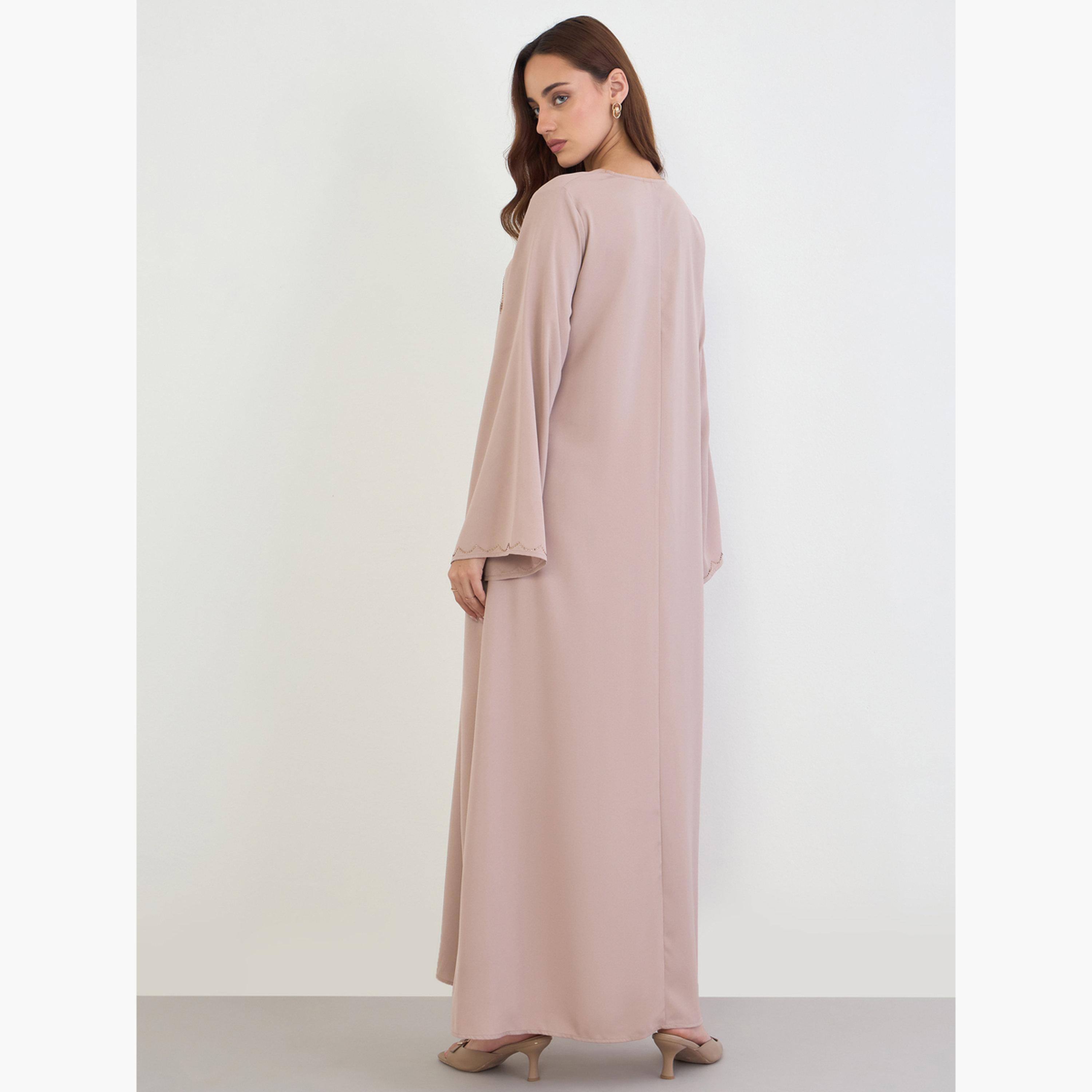 Amirah X Styli Beige Jalabiya with Rhinestone Embroidery-women-arabicclothing-jalabiyas-image-4