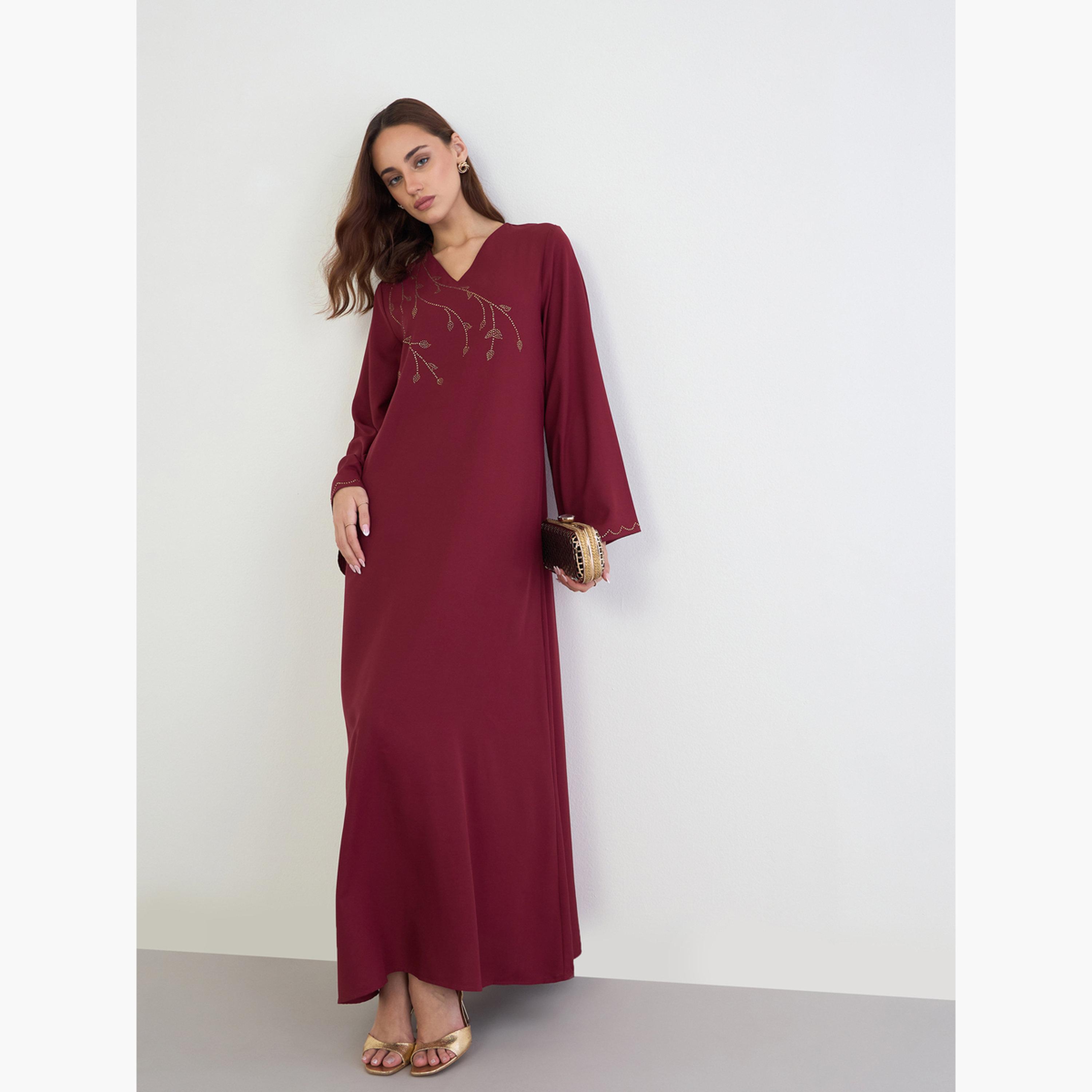ستايلي - جلابية حمراء مطرزة بأحجار الراين-women-arabicclothing-jalabiyas-image-1