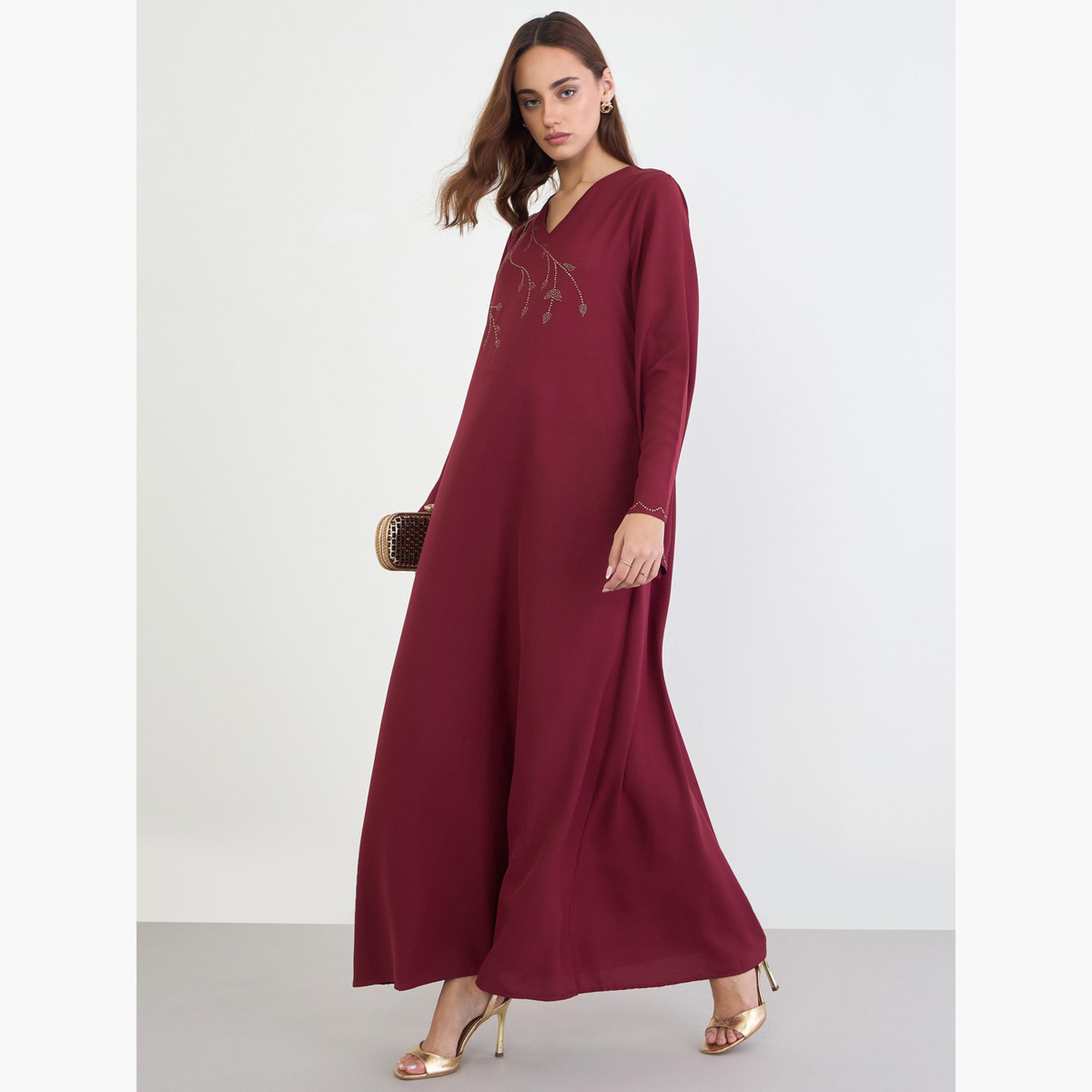 ستايلي - جلابية حمراء مطرزة بأحجار الراين-women-arabicclothing-jalabiyas-image-2