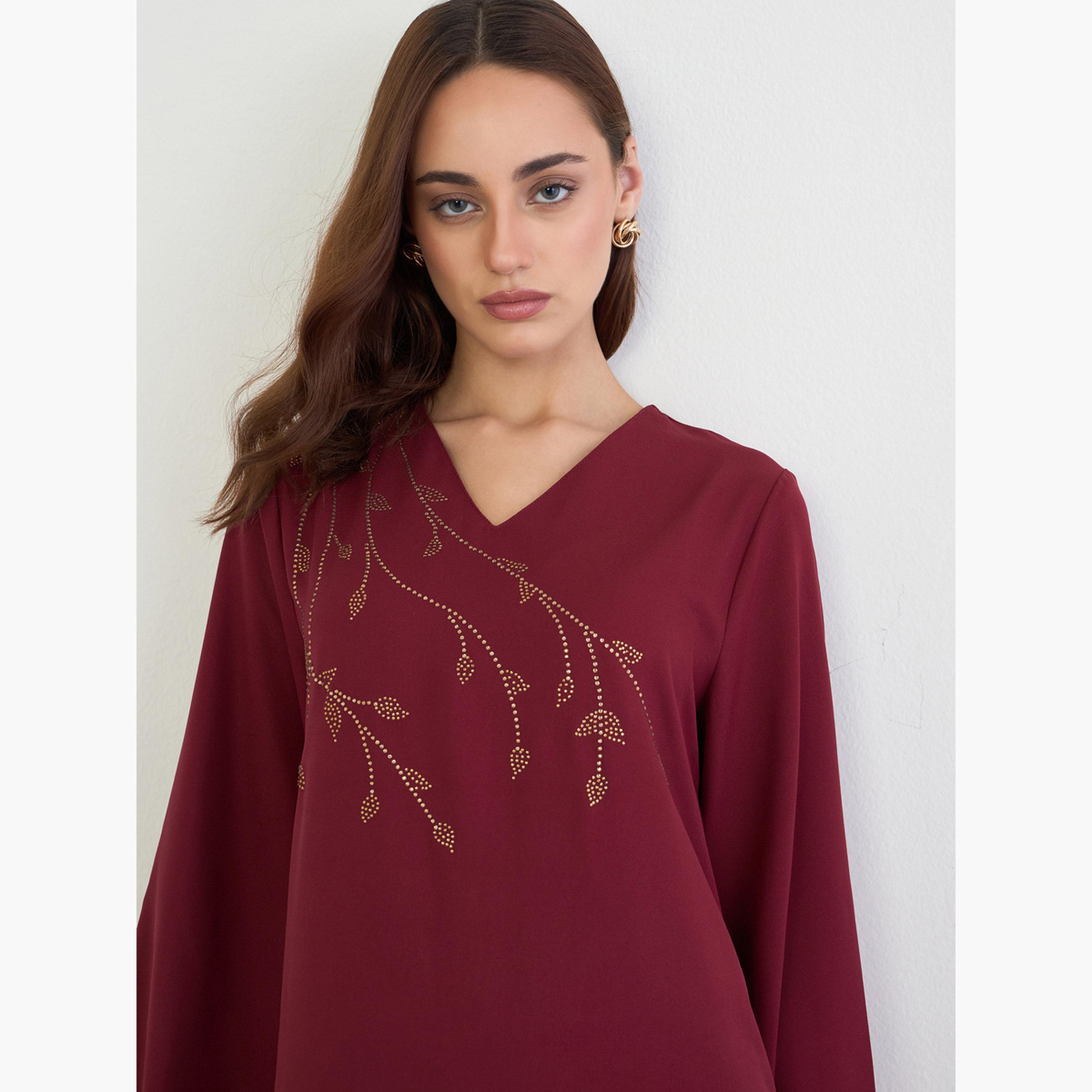 Styli Red Jalabiya with Rhinestone Embroidery-women-arabicclothing-jalabiyas-image-3