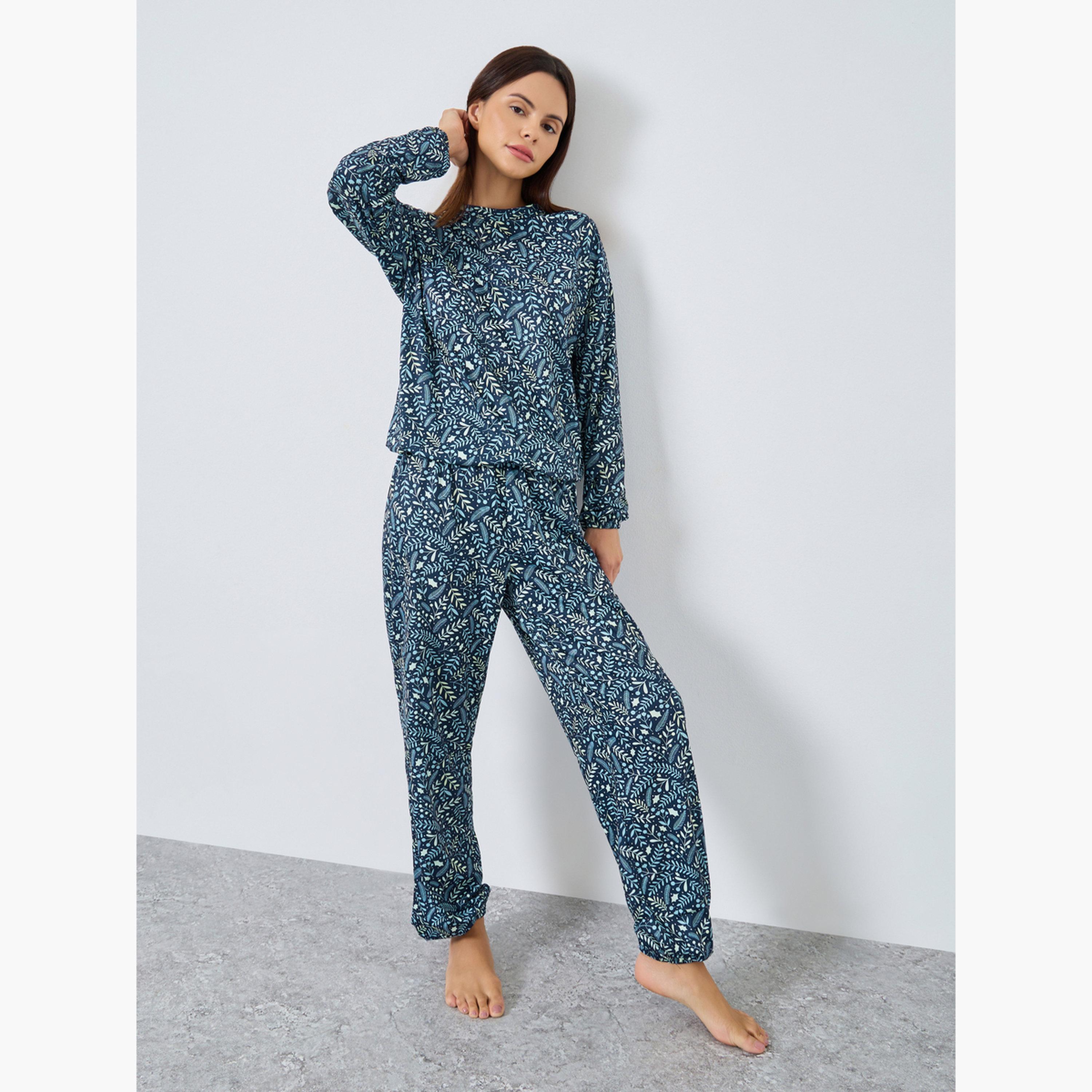 ستايلي - بيجاما تي شيرت مطبوع بالكامل بأكمام للنساء-women-clothing-nightwear-pyjamas-longsets-image-1