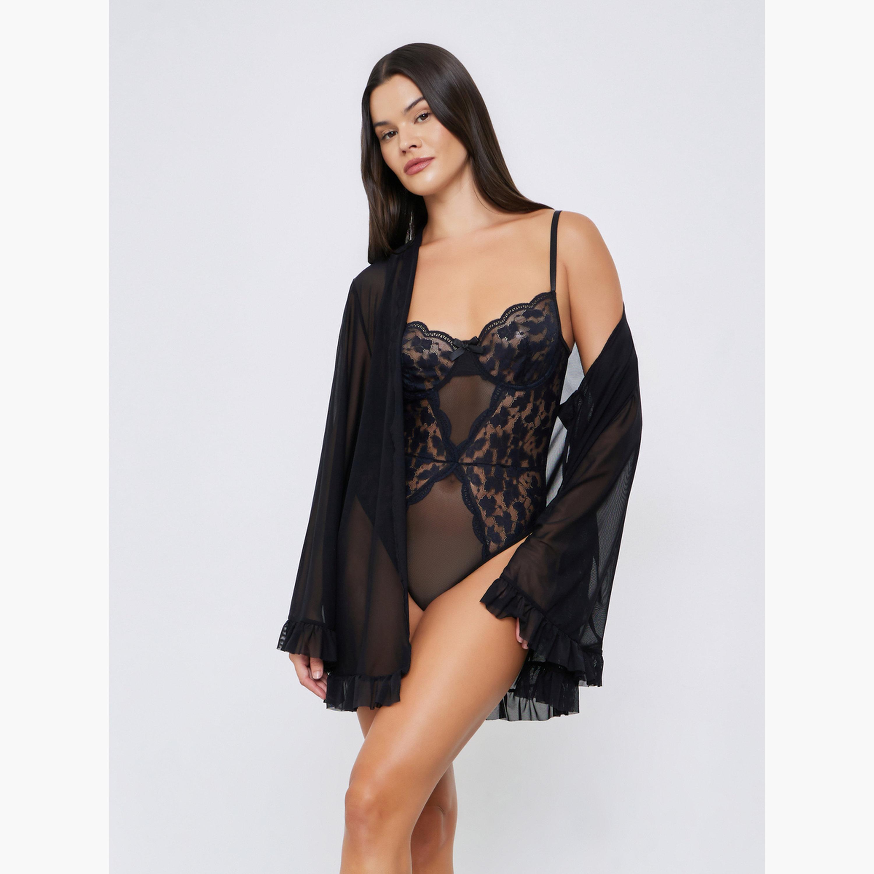 Styli Lace Panel Bodysuit with Robe and Mesh Stockings-women-clothing-lingerie-babydollsandbodysuits-image-1