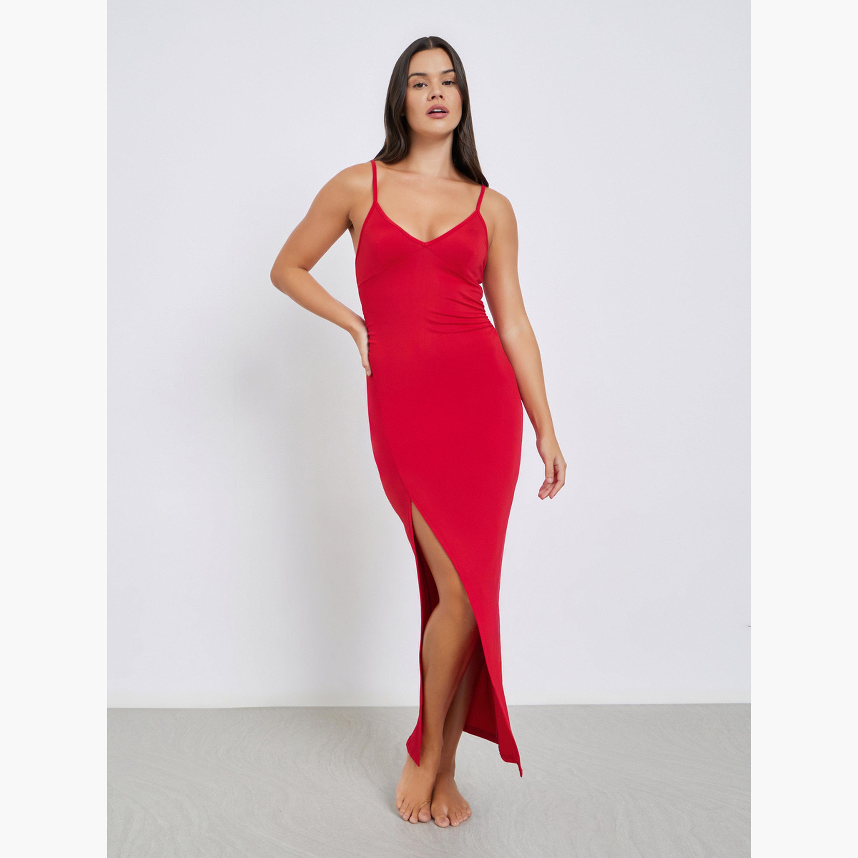 Styli Solid Thigh High Slit Slip Dress with Briefs-women-clothing-lingerie-babydollsandbodysuits-image-1