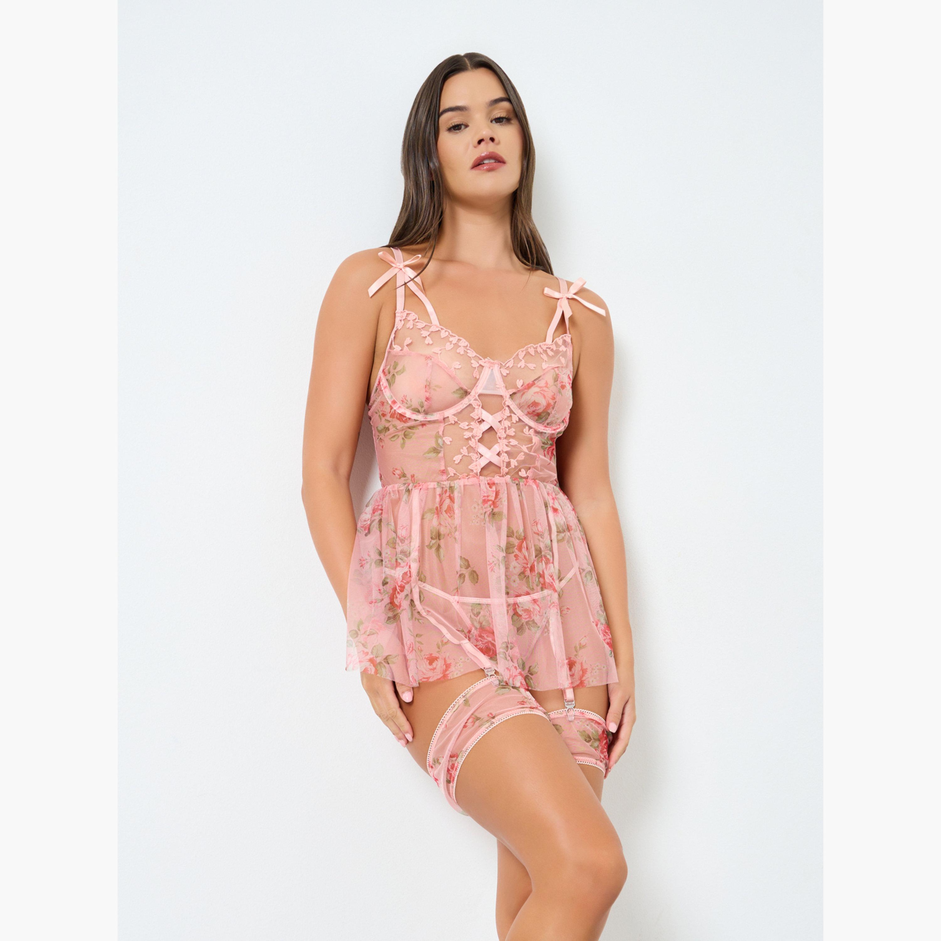 ستايلي - بيبي دول دانتيل بطبعة زهور باستيل، وربطة عنق وسروال داخلي - 3 قطع-women-clothing-lingerie-babydollsandbodysuits-image-1