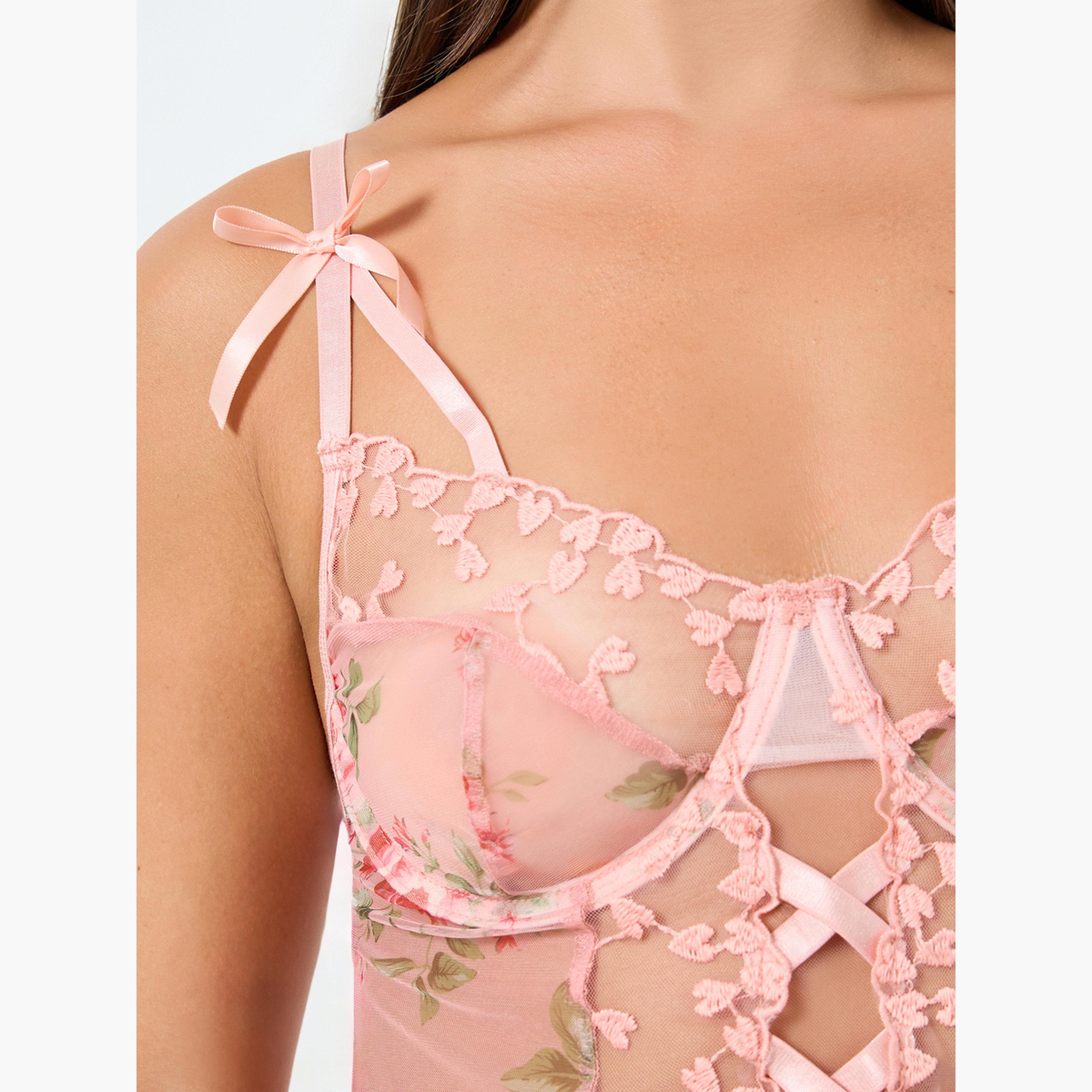 ستايلي - بيبي دول دانتيل بطبعة زهور باستيل، وربطة عنق وسروال داخلي - 3 قطع-women-clothing-lingerie-babydollsandbodysuits-image-5