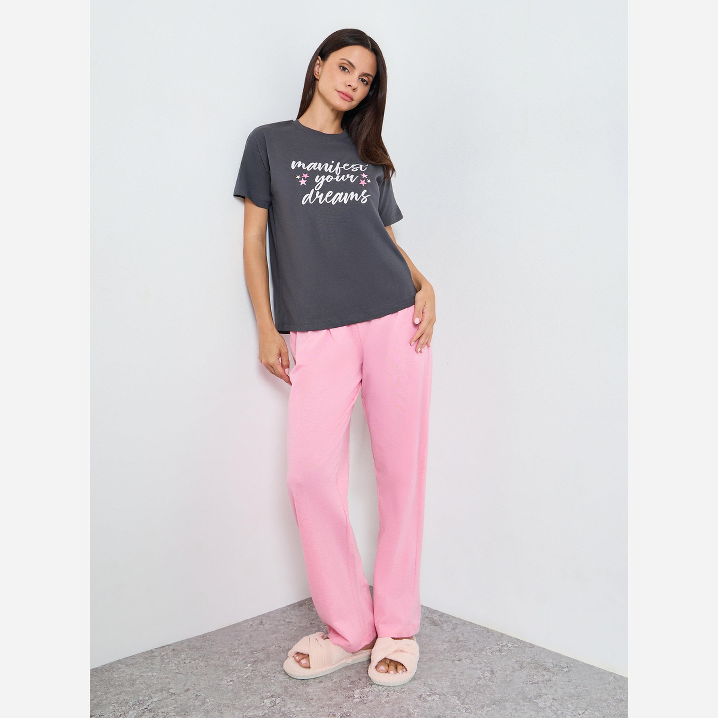 Styli Slogan Print Cotton T-Shirt and Solid Pyjama Set-women-clothing-nightwear-pyjamas-longsets-image-1
