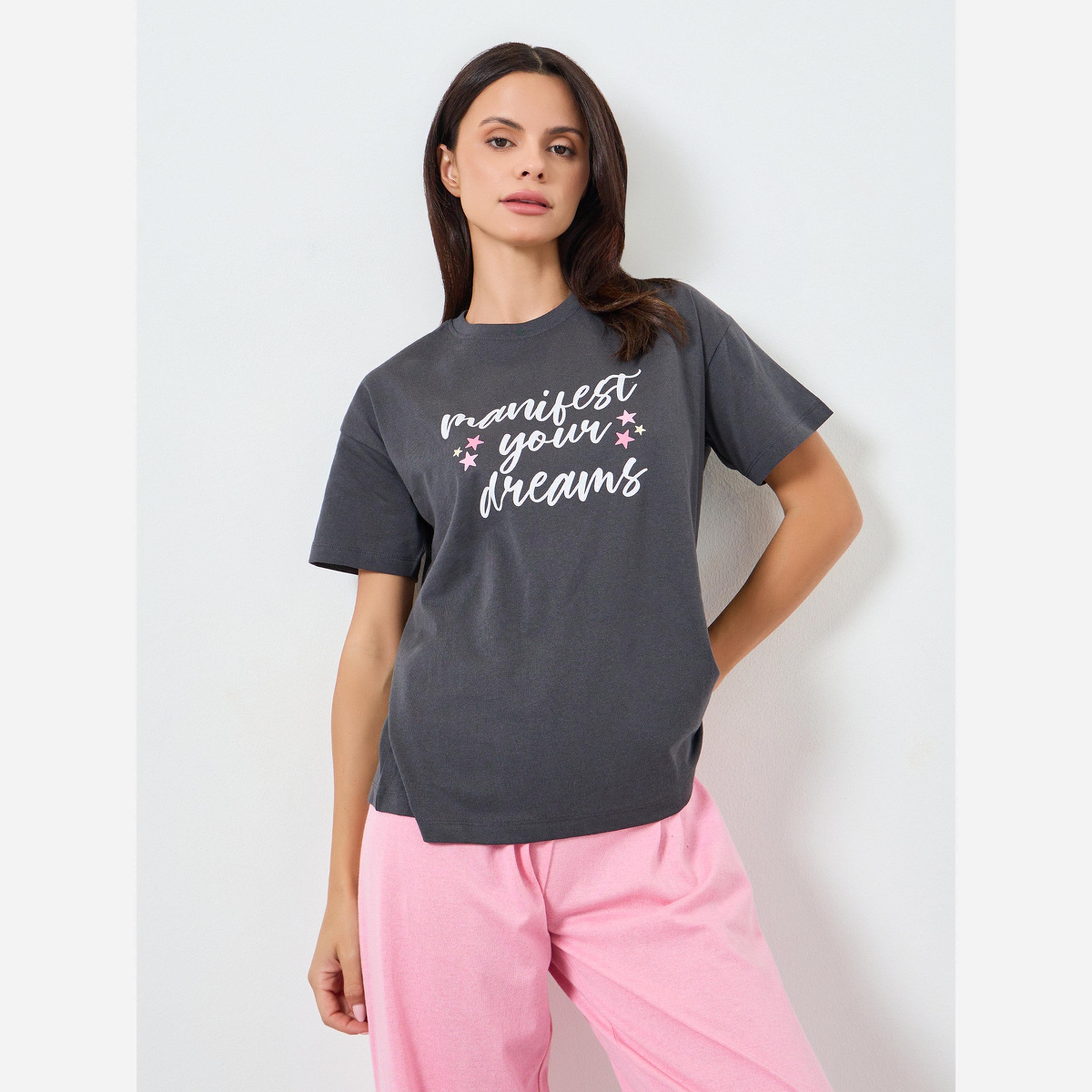 Styli Slogan Print Cotton T-Shirt and Solid Pyjama Set-women-clothing-nightwear-pyjamas-longsets-image-2