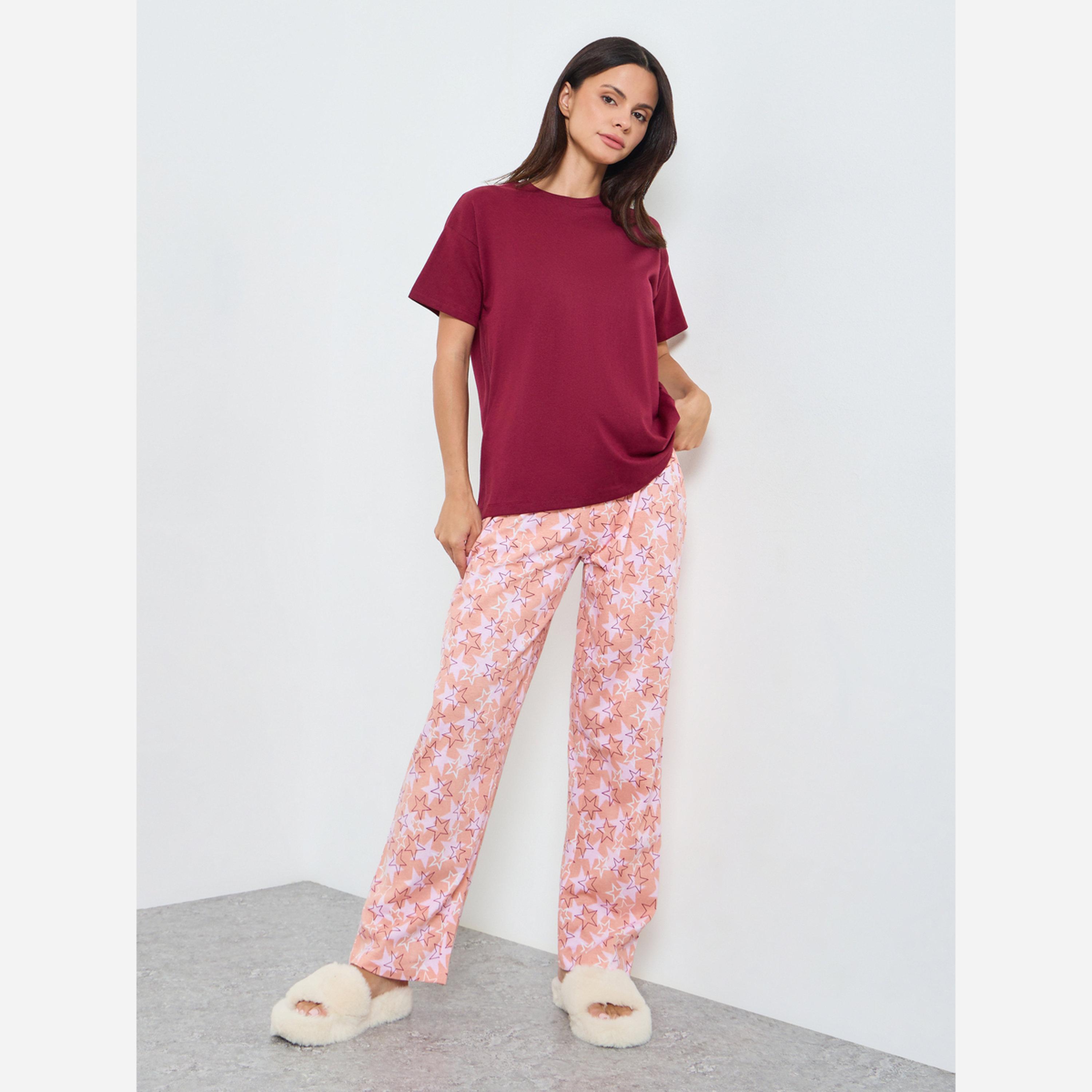 Styli Solid Cotton T-Shirt and Star Print Pyjama Set-women-clothing-nightwear-pyjamas-longsets-image-1