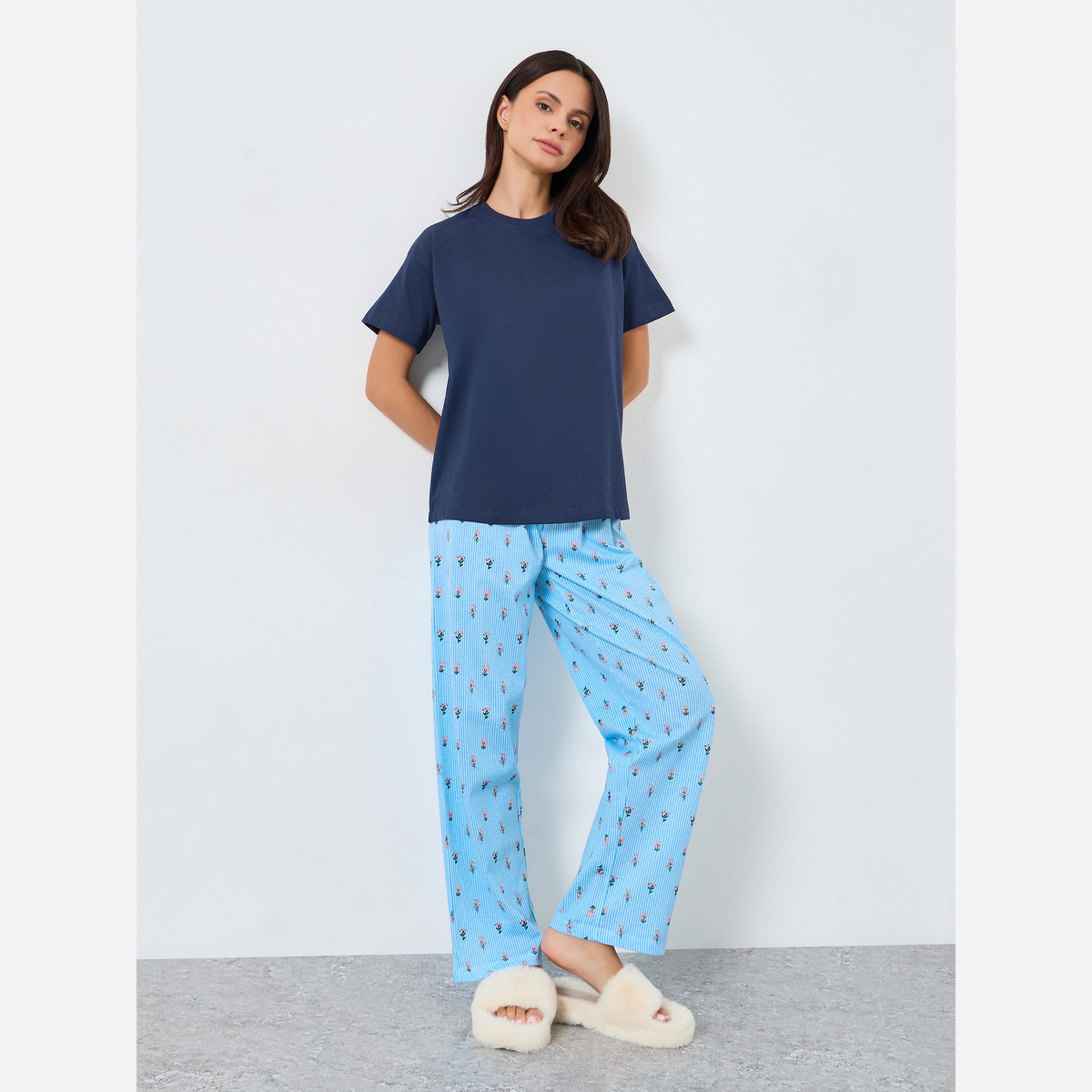 Styli Solid Cotton T-Shirt and Floral Striped Pyjama Set-women-clothing-nightwear-pyjamas-longsets-image-1