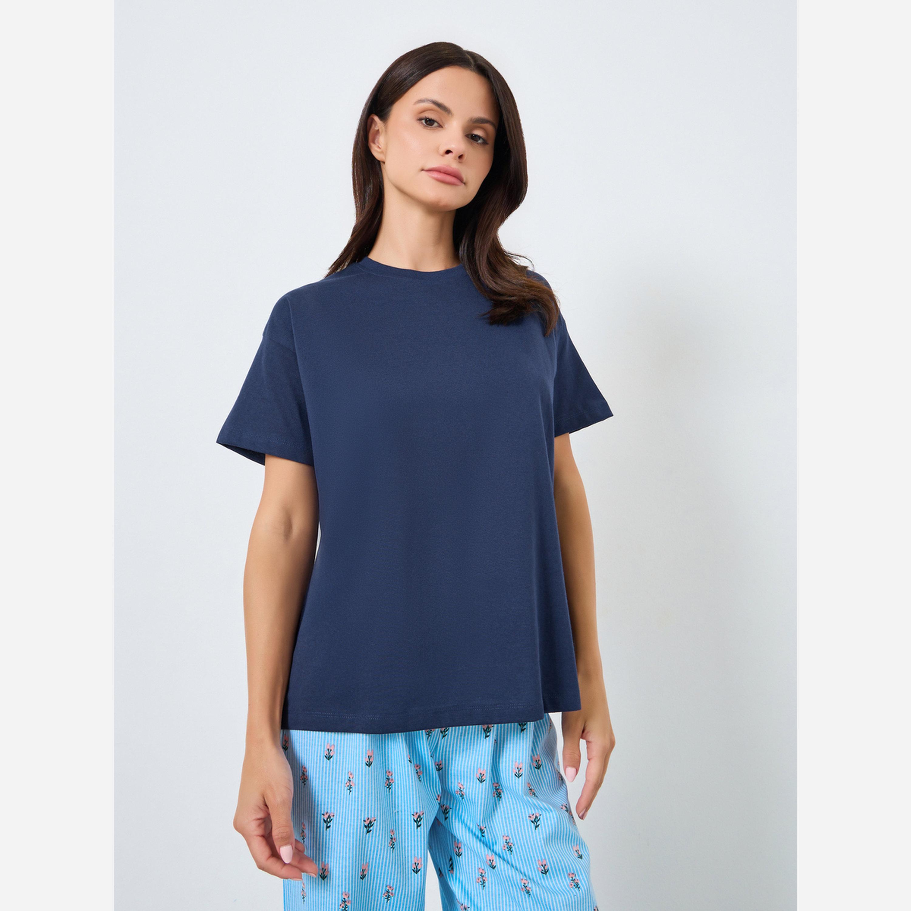 Styli Solid Cotton T-Shirt and Floral Striped Pyjama Set-women-clothing-nightwear-pyjamas-longsets-image-2
