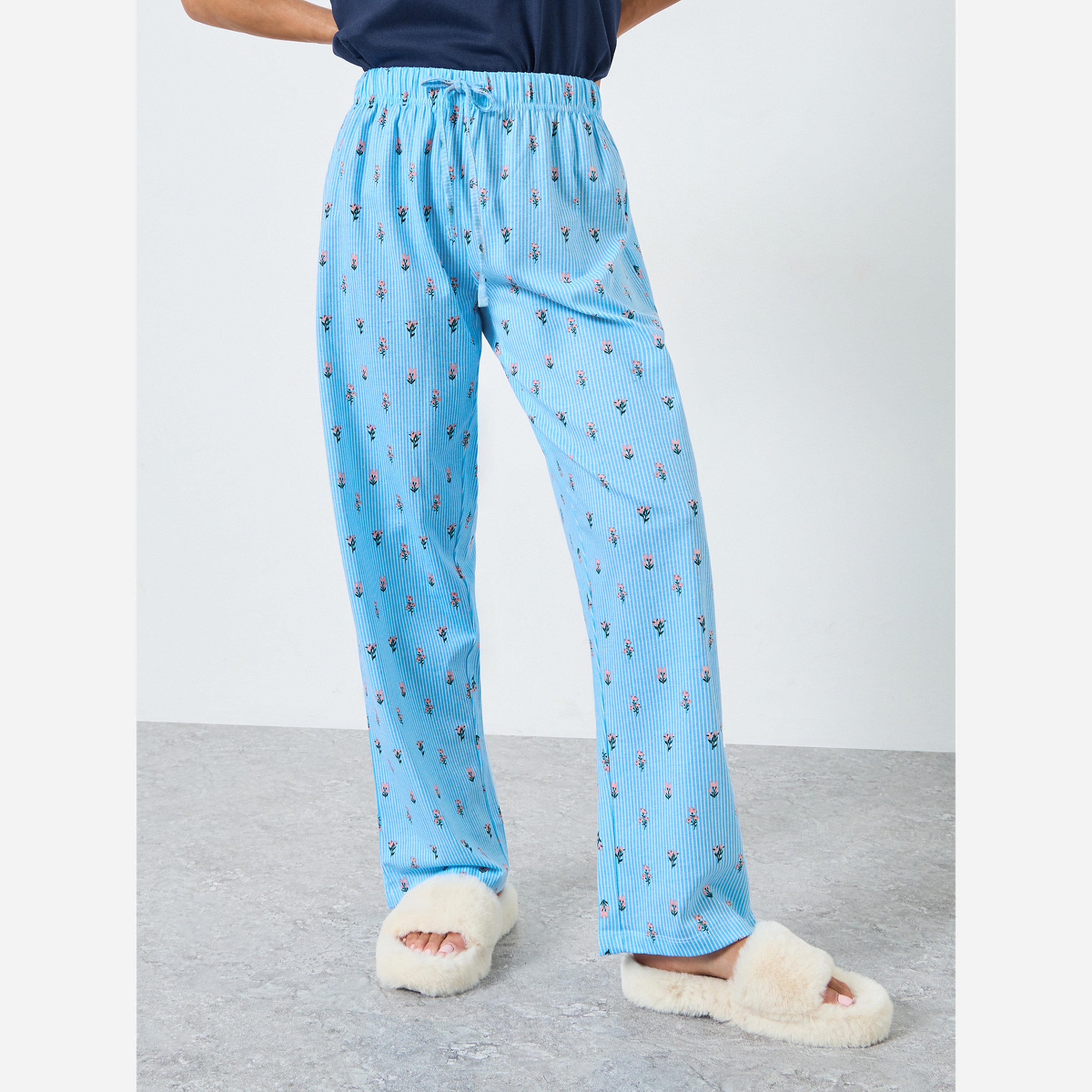 ستايلي - بيجاما تي شيرت قطن سادة وبنطال مخطط طبعة زهور-women-clothing-nightwear-pyjamas-longsets-image-4