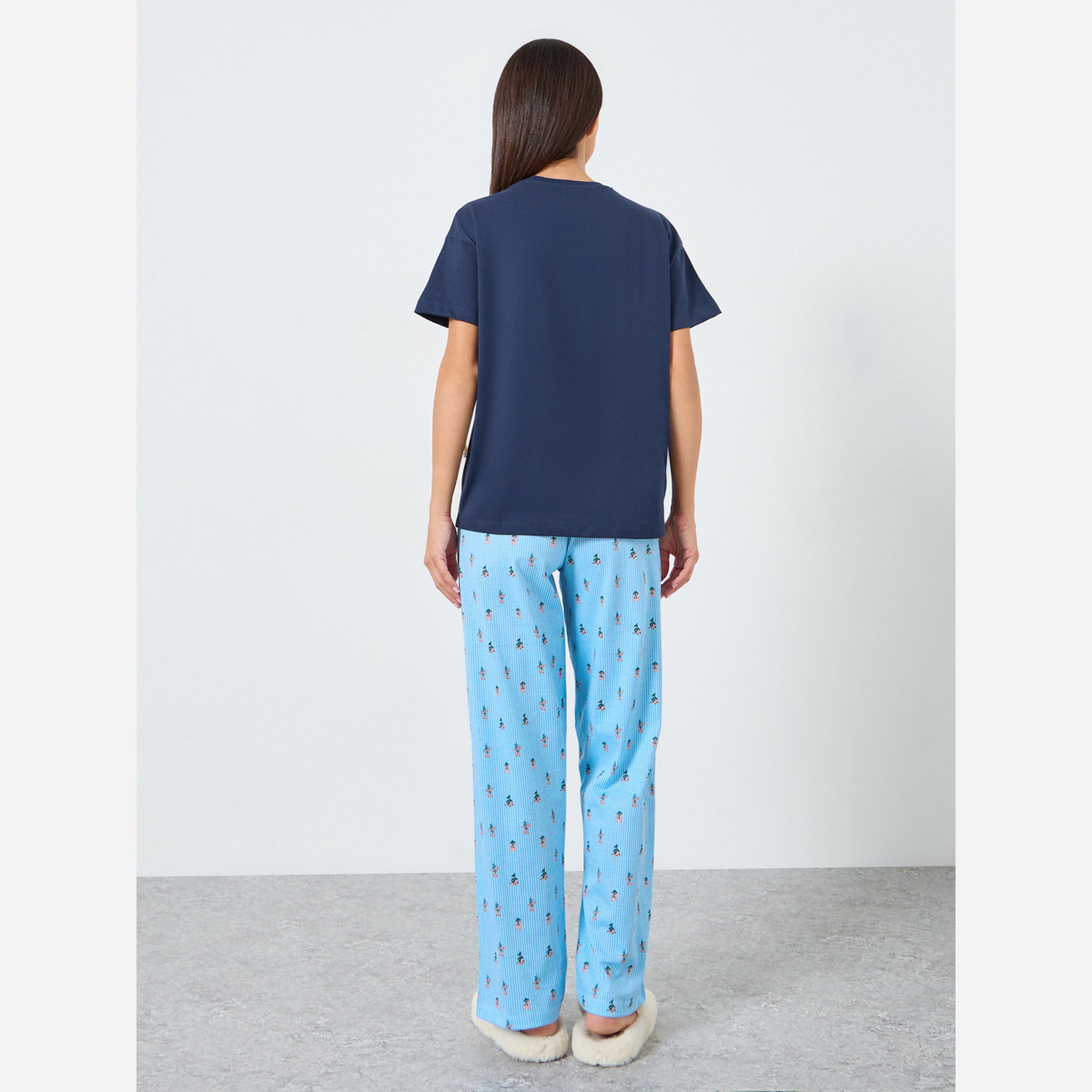 ستايلي - بيجاما تي شيرت قطن سادة وبنطال مخطط طبعة زهور-women-clothing-nightwear-pyjamas-longsets-image-5