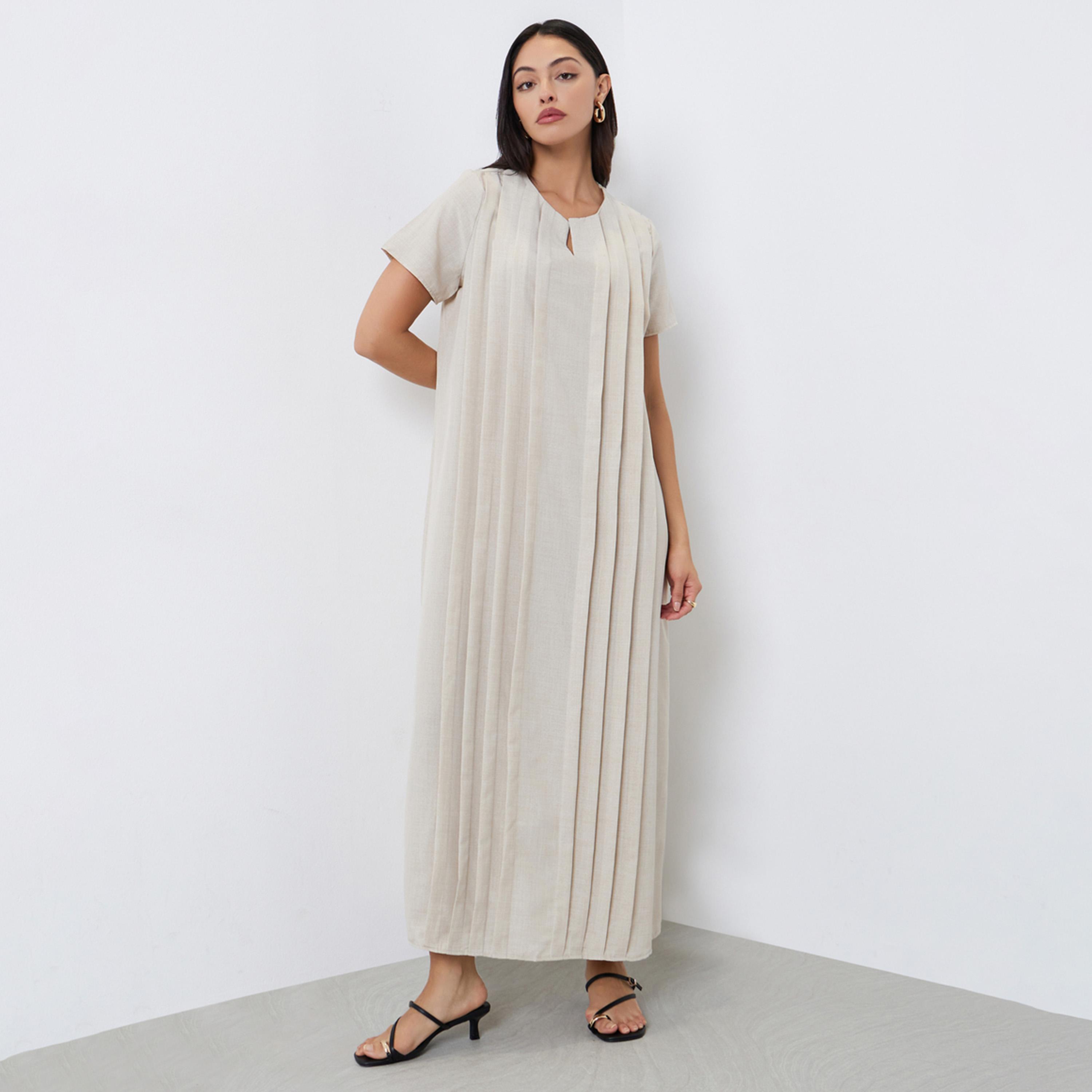 Styli Cream Pleated Short Sleeve Maxi Jalabiya-women-arabicclothing-jalabiyas-image-1