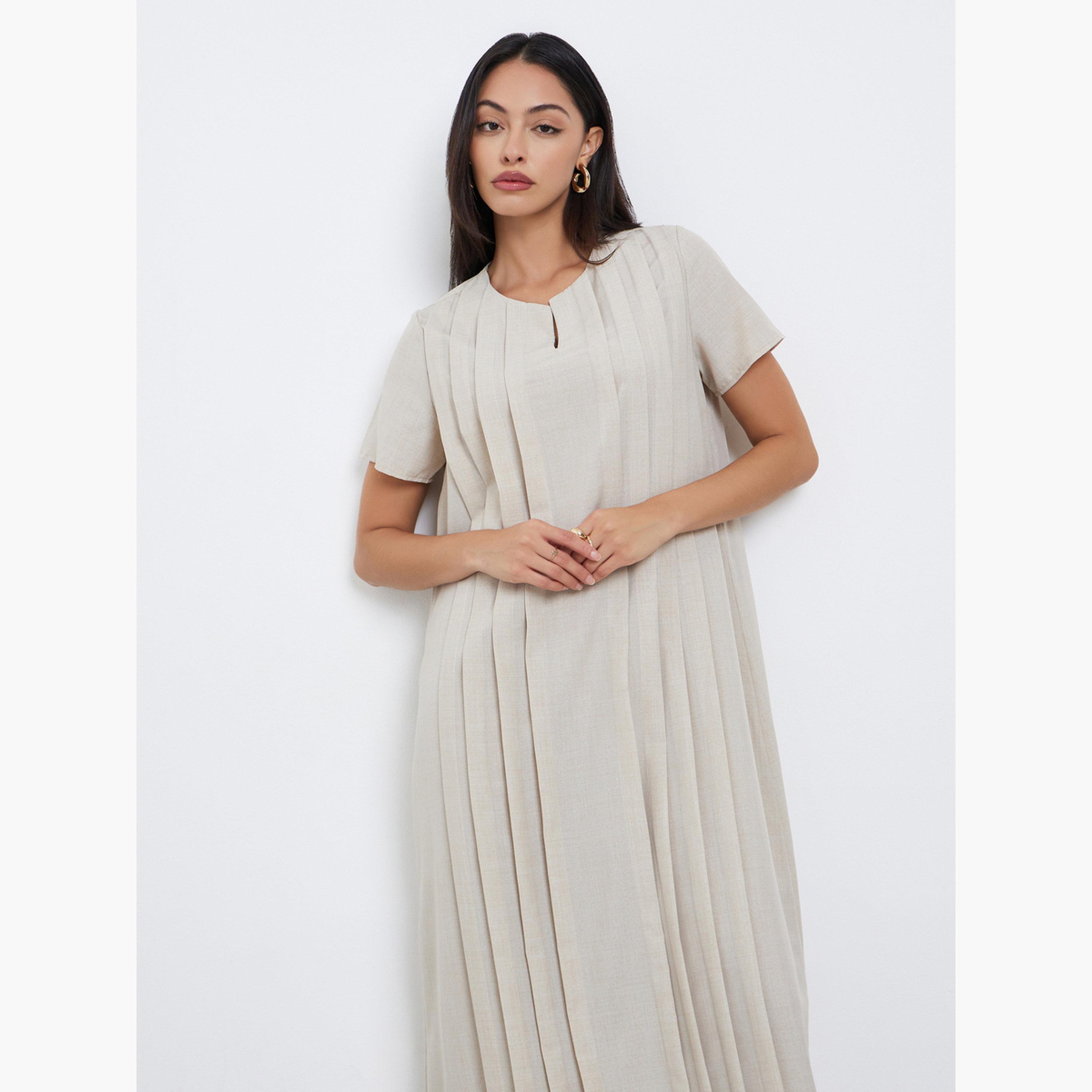 Styli Cream Pleated Short Sleeve Maxi Jalabiya-women-arabicclothing-jalabiyas-image-2