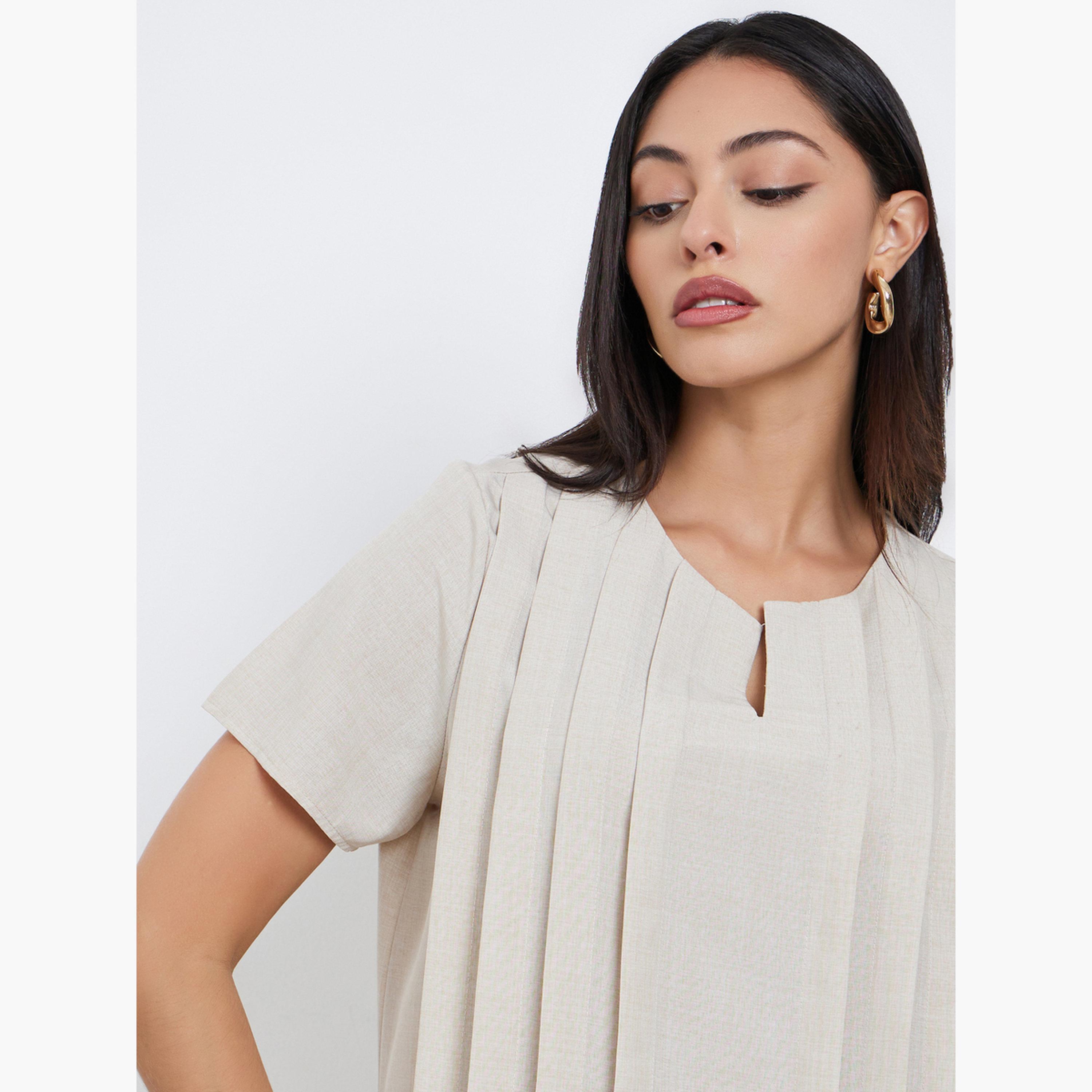 Styli Cream Pleated Short Sleeve Maxi Jalabiya-women-arabicclothing-jalabiyas-image-3