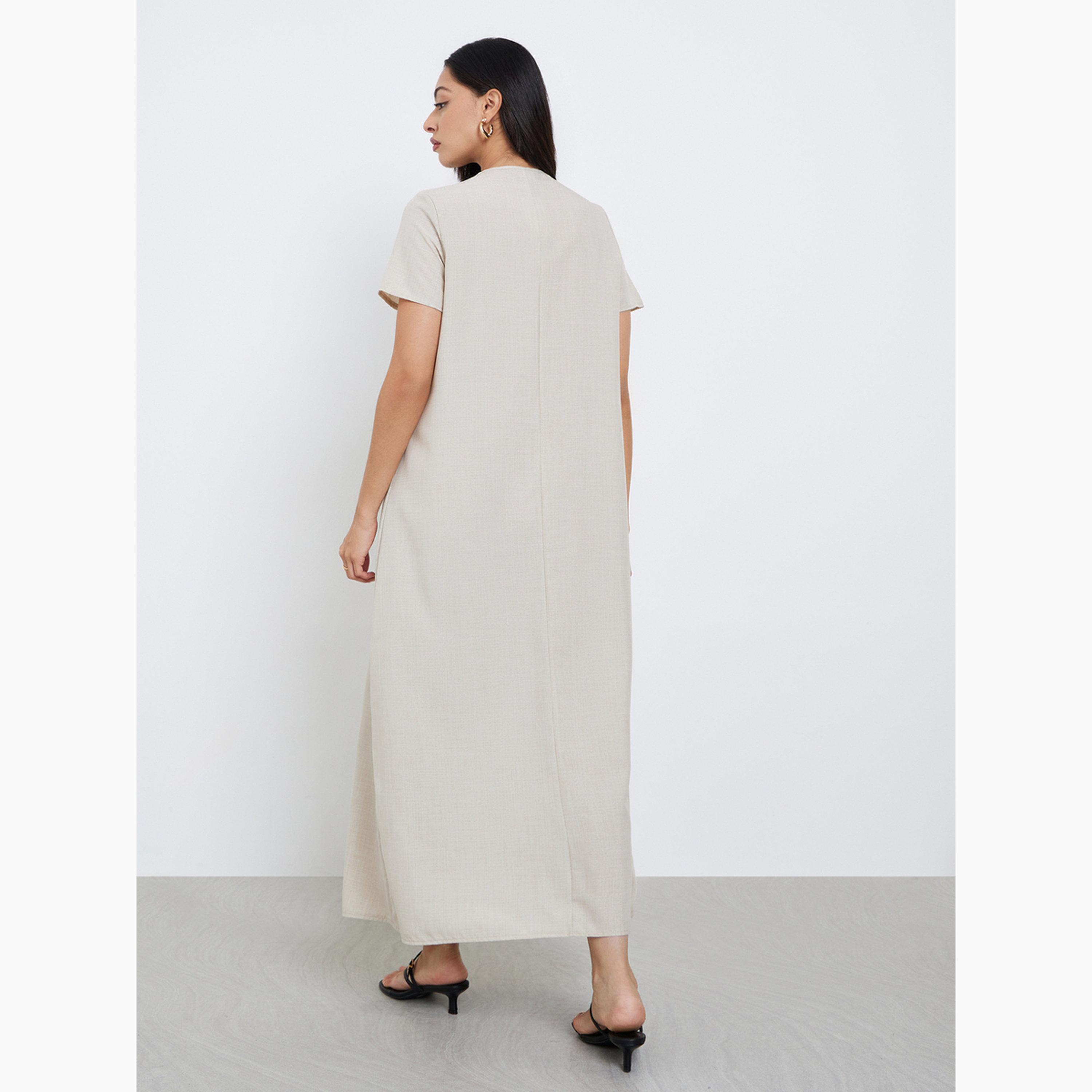 Styli Cream Pleated Short Sleeve Maxi Jalabiya-women-arabicclothing-jalabiyas-image-4