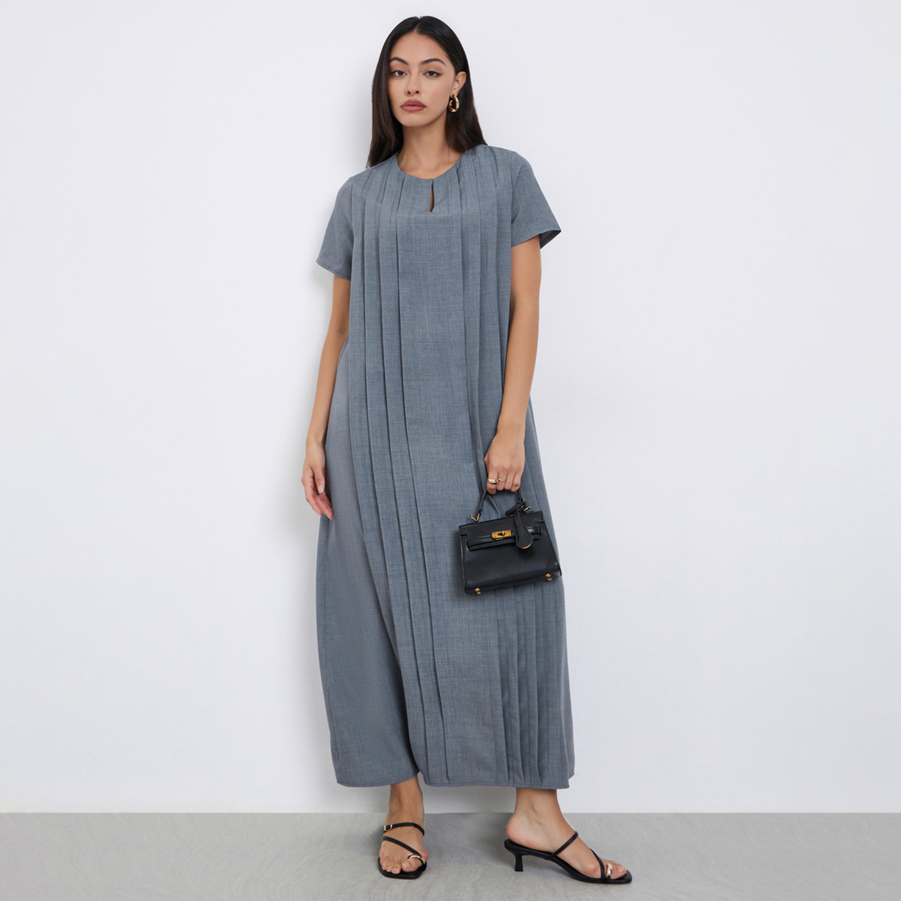 Amirah X Styli Grey Pleated Short Sleeve Maxi Jalabiya-women-arabicclothing-jalabiyas-image-1