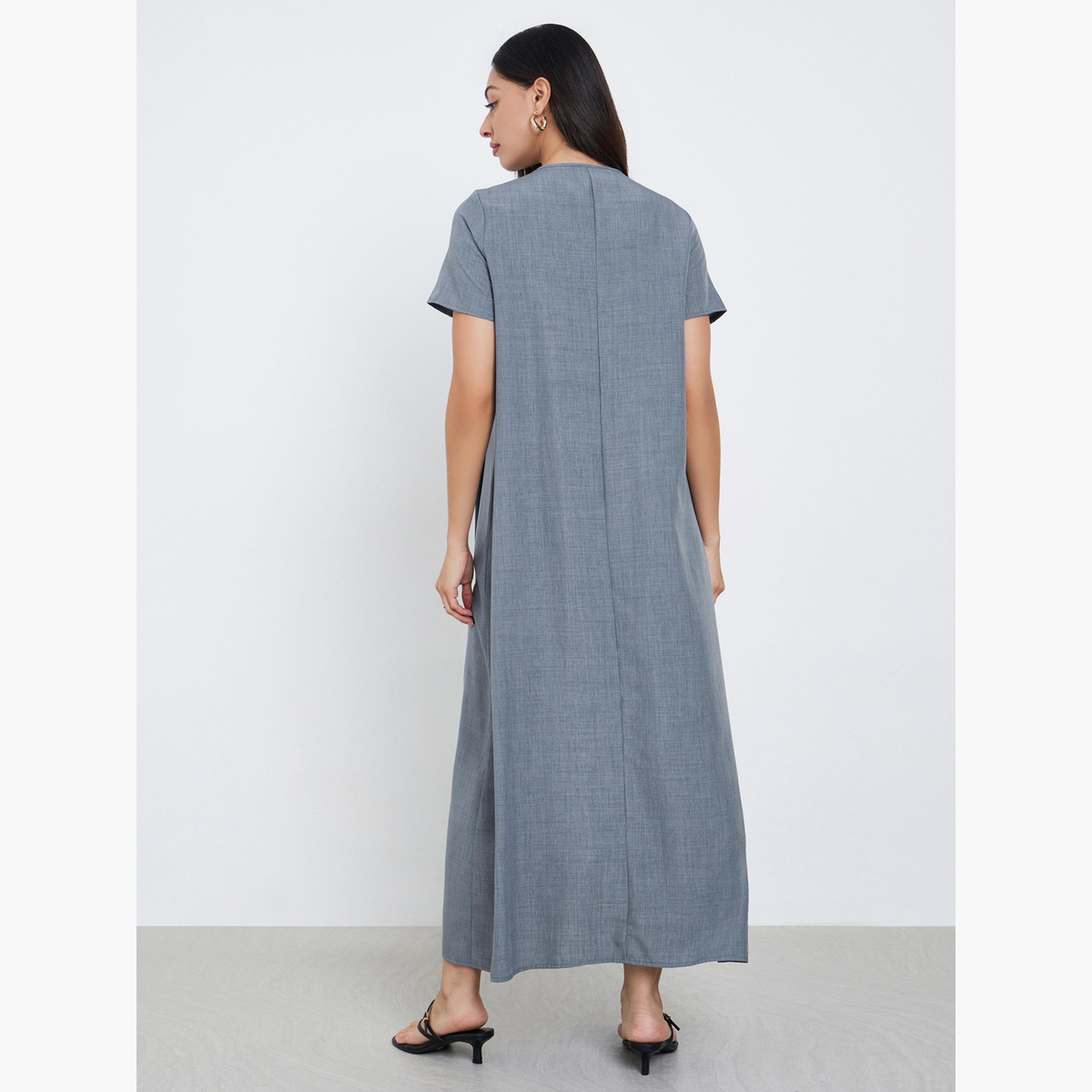 Amirah X Styli Grey Pleated Short Sleeve Maxi Jalabiya-women-arabicclothing-jalabiyas-image-3