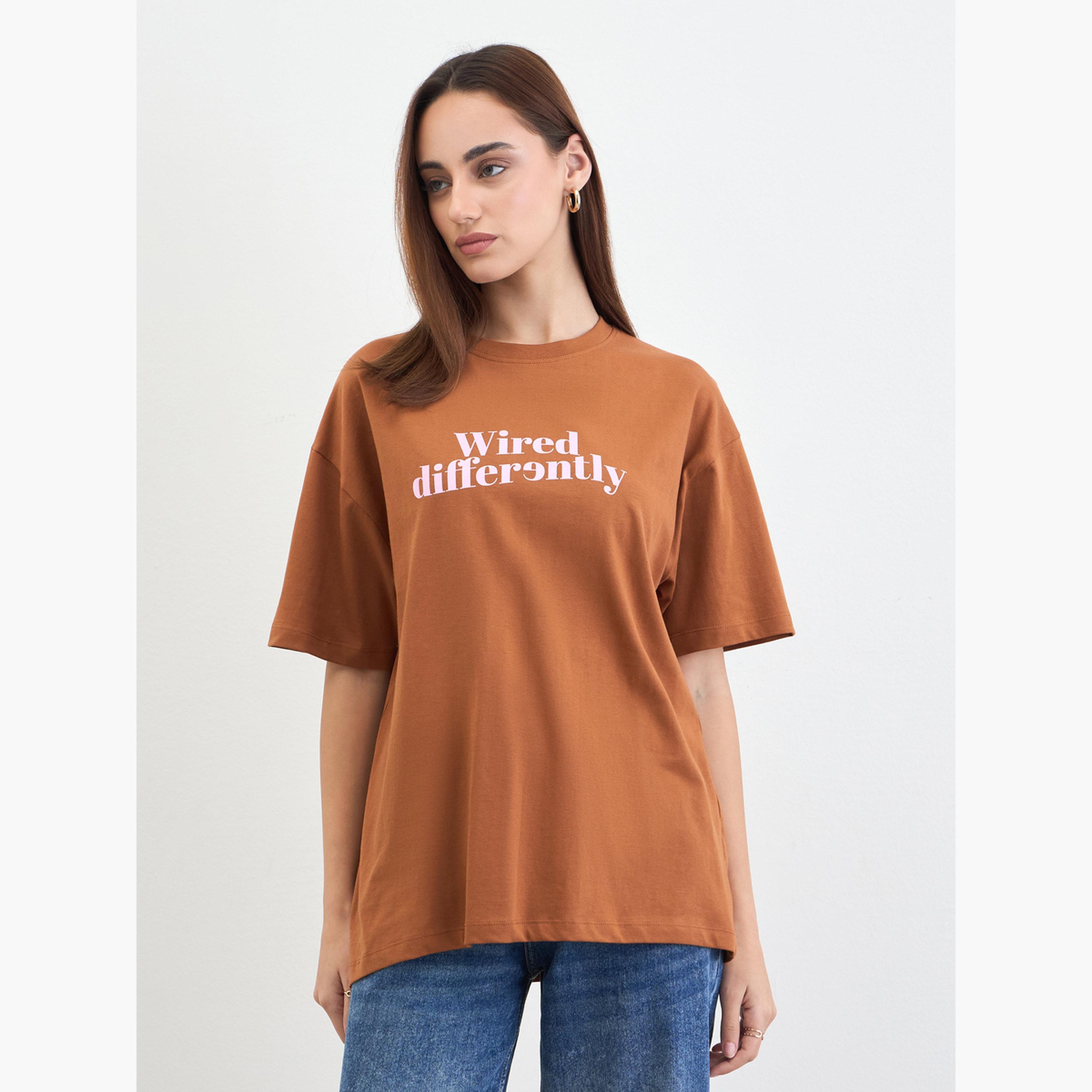 Styli Brown Slogan Print Oversized T-Shirt-women-clothing-tshirts-image-1