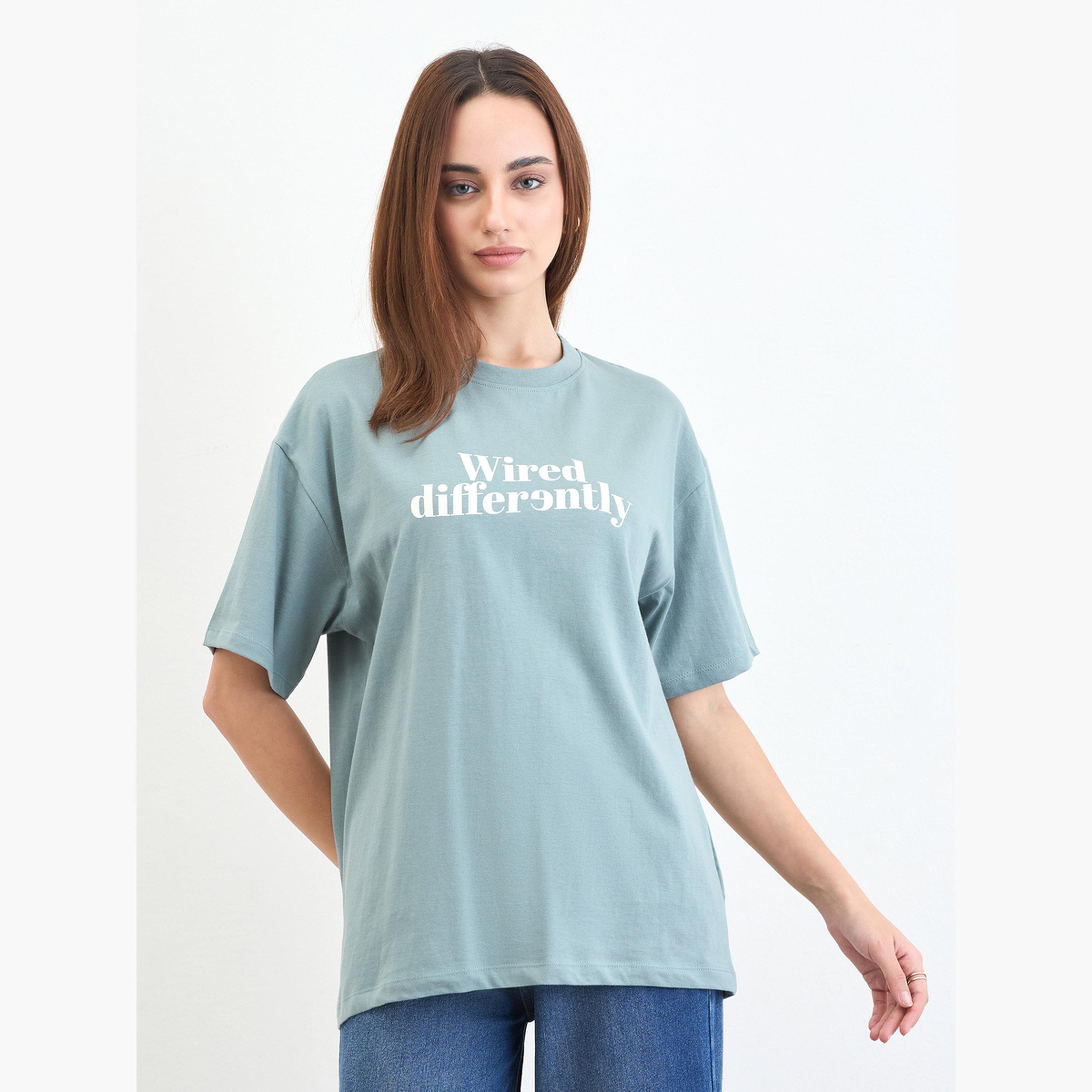Styli Green Slogan Print Oversized T-Shirt-women-clothing-tshirts-image-1
