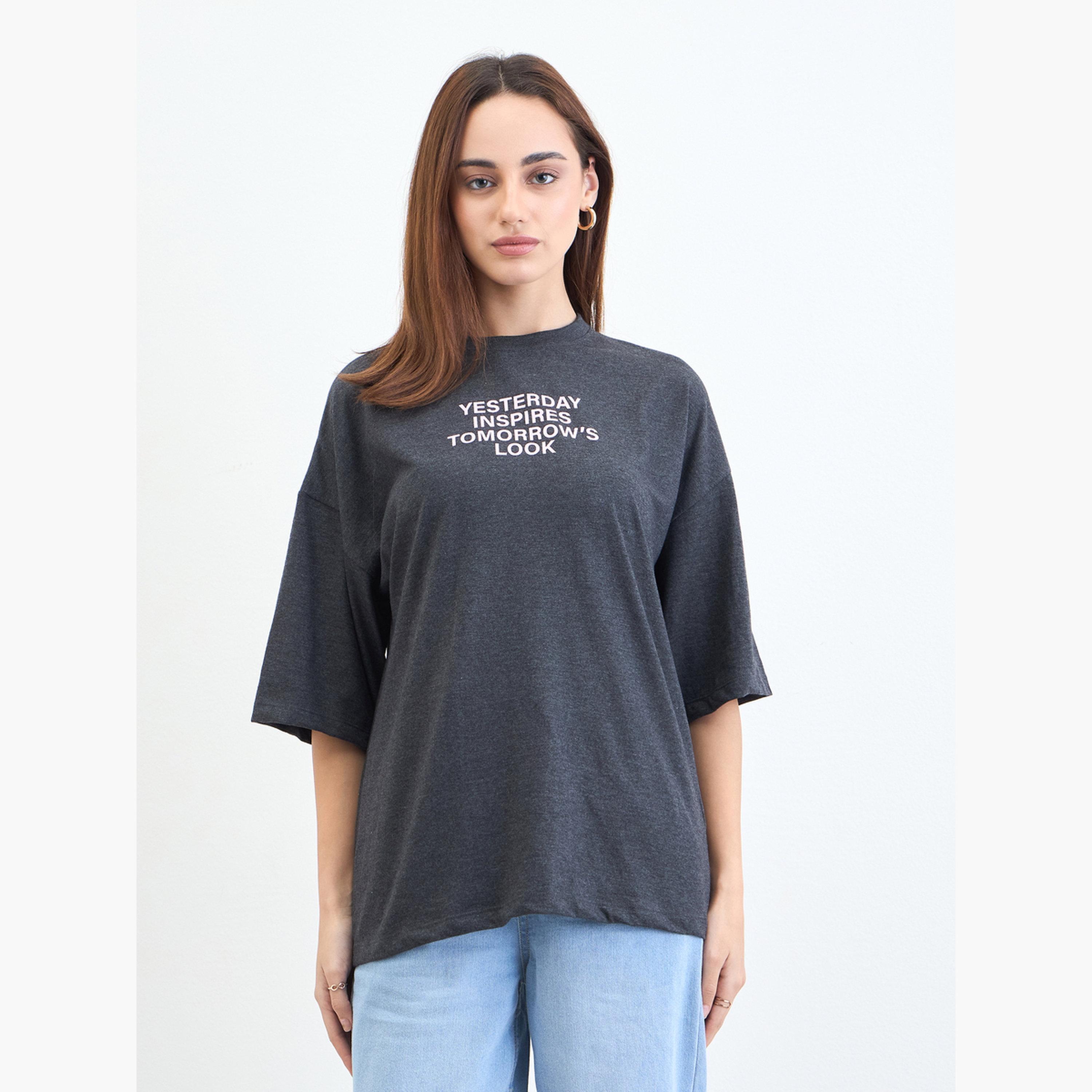 Styli Charcoal Slogan Print Oversized T-Shirt-women-clothing-tshirts-image-1
