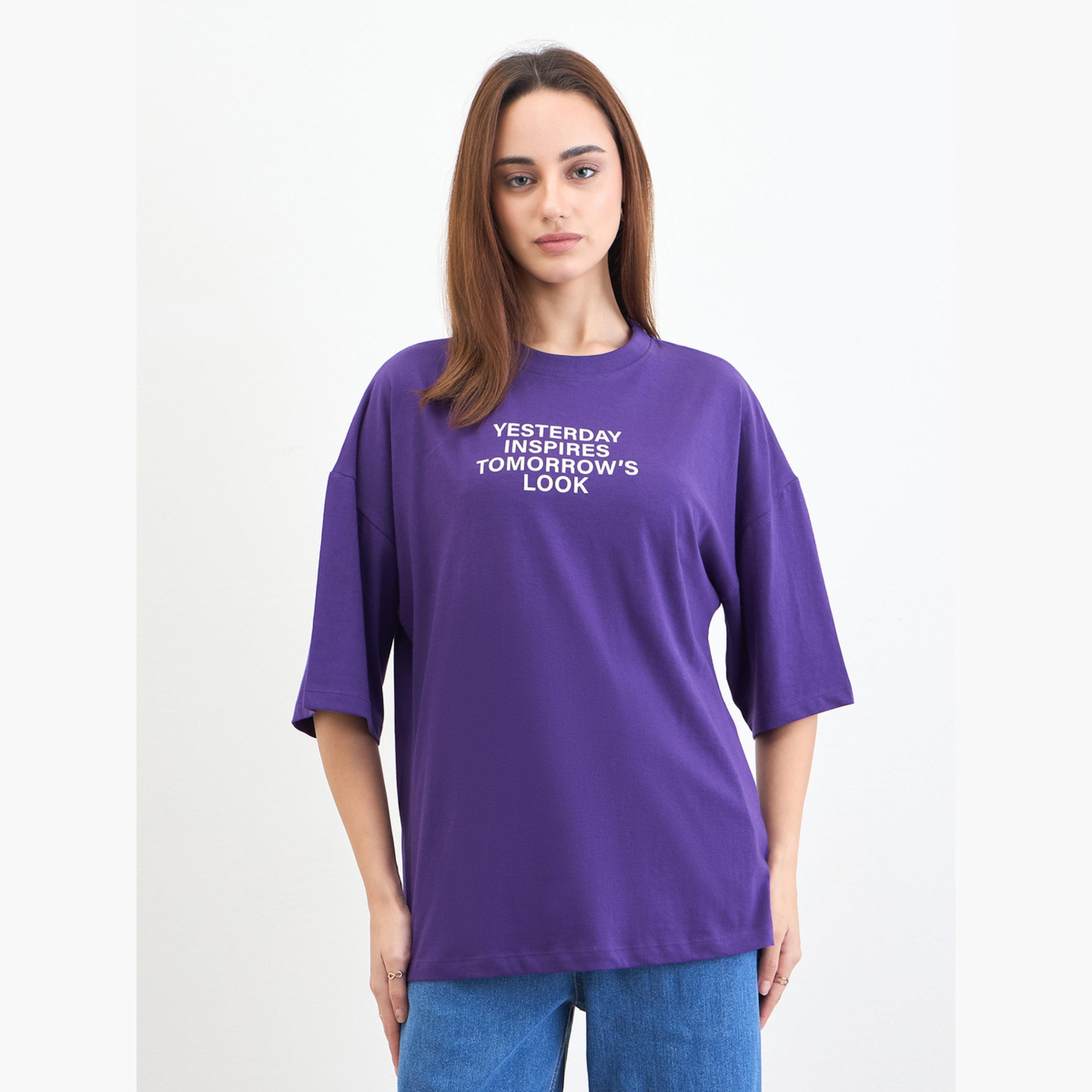 Styli Purple Slogan Print Oversized T-Shirt-women-clothing-tshirts-image-1