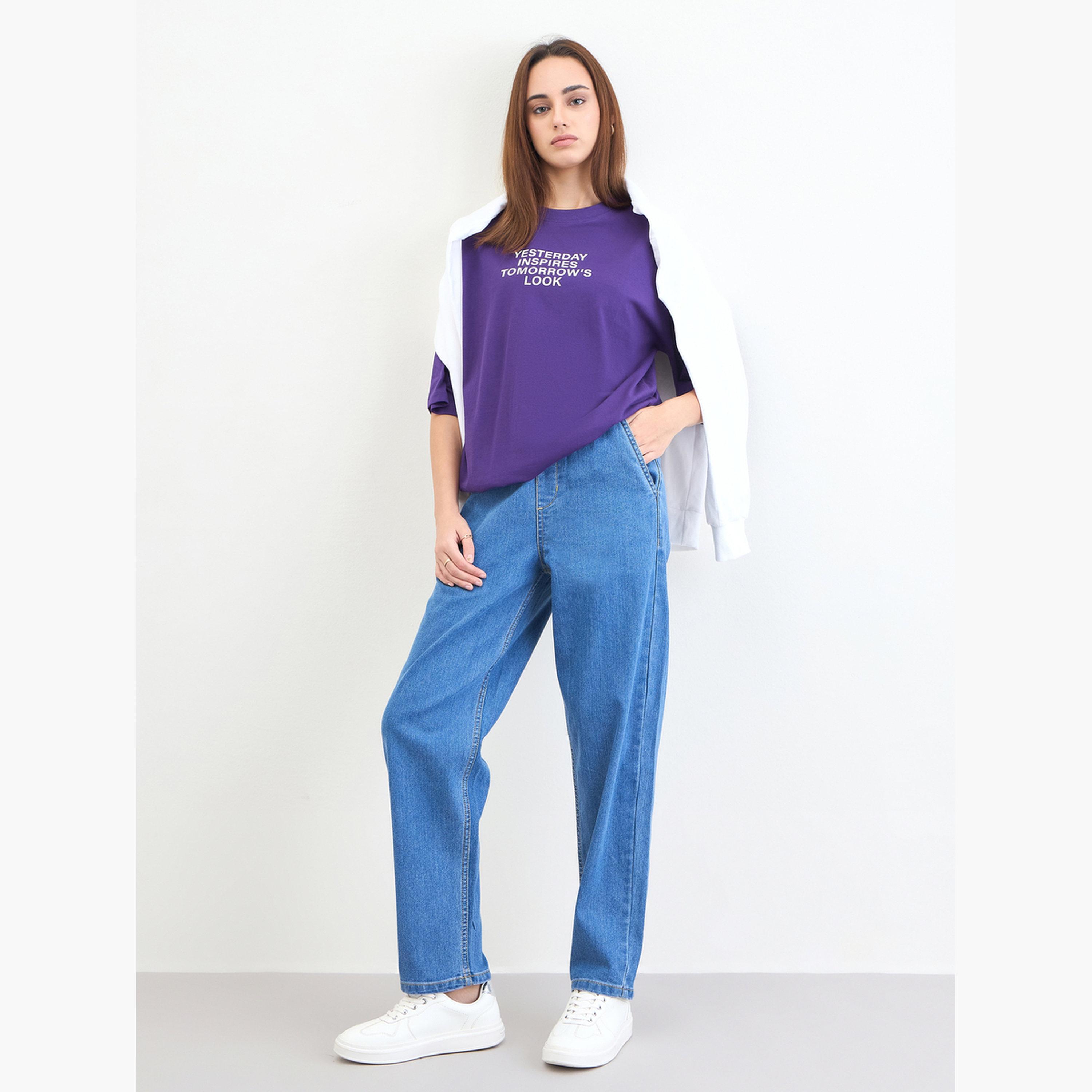 Styli Purple Slogan Print Oversized T-Shirt-women-clothing-tshirts-image-2