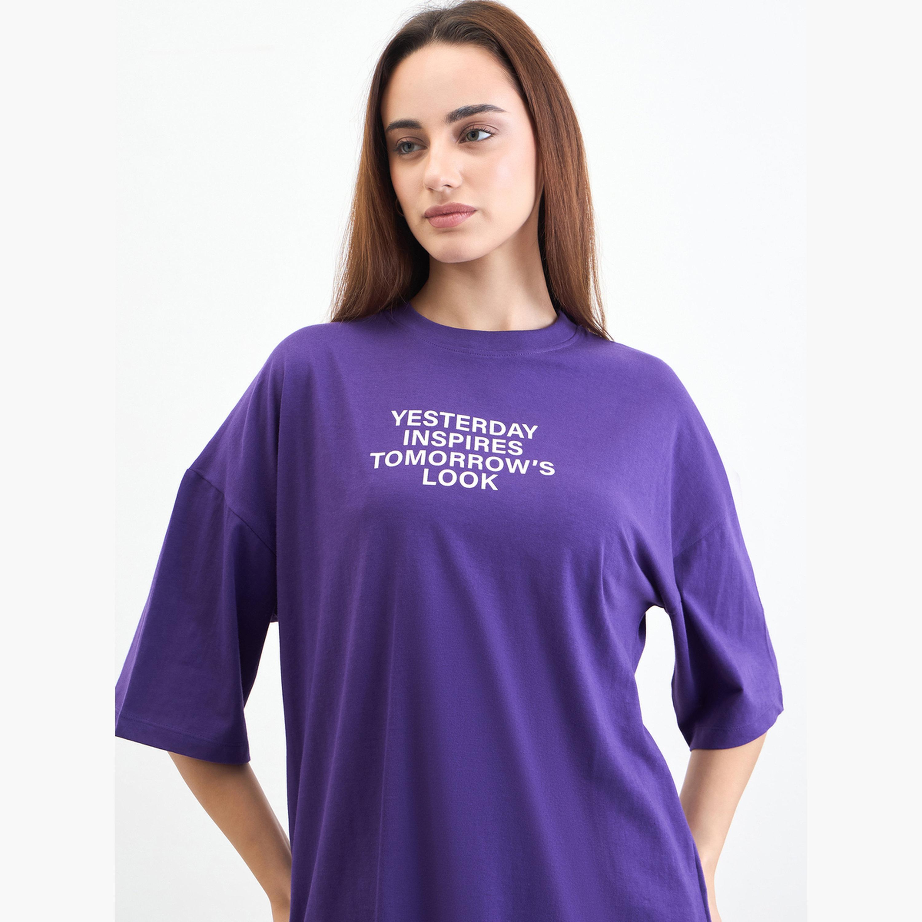 Styli Purple Slogan Print Oversized T-Shirt-women-clothing-tshirts-image-4