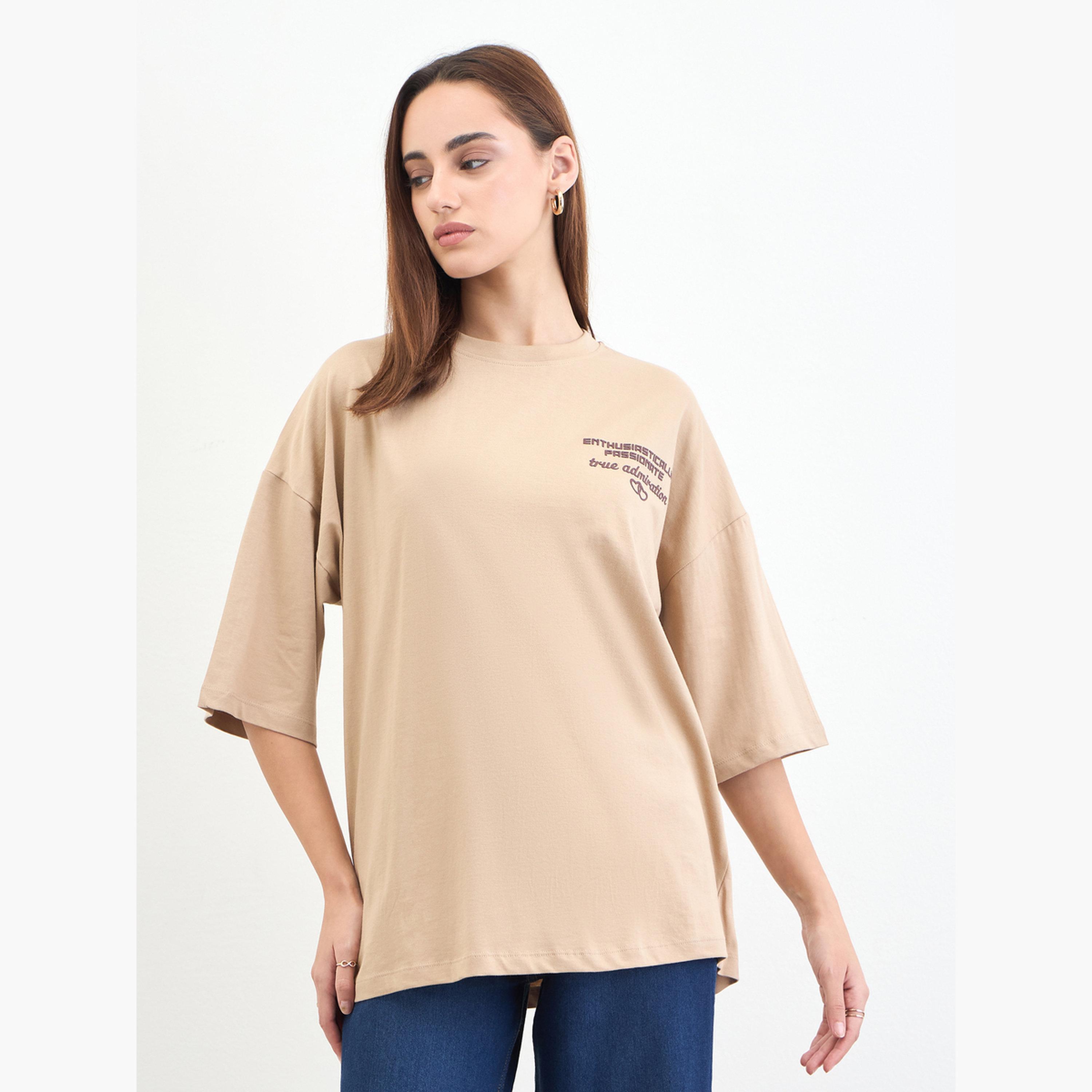Styli Beige Slogan Print Oversized T-Shirt-women-clothing-tshirts-image-1